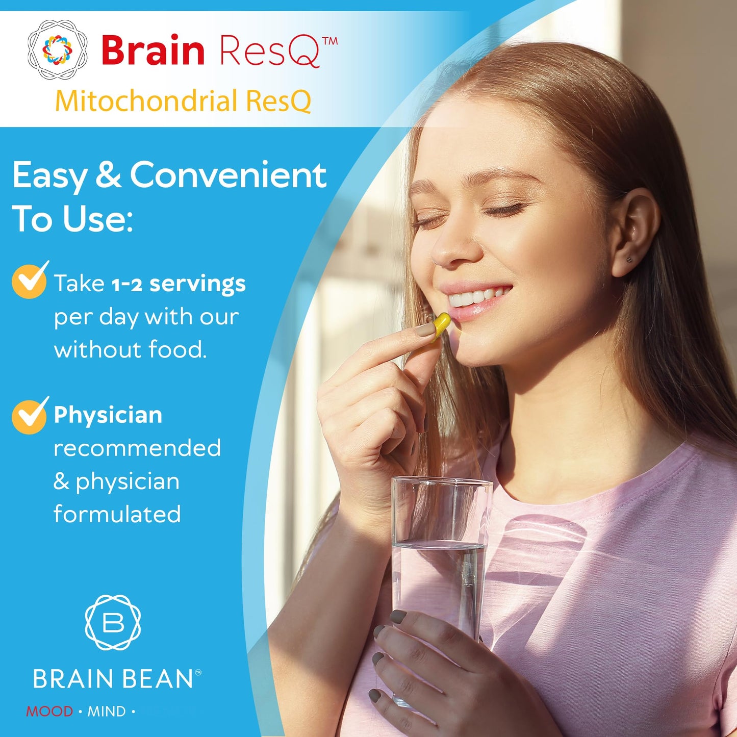 Brain Bean Brain ResQ Advanced Mitochondrial Formula with PQQ, CoQ10, Trans Resveratrol, MenaQ7 & Quercetin Supplement, 60 Capsules