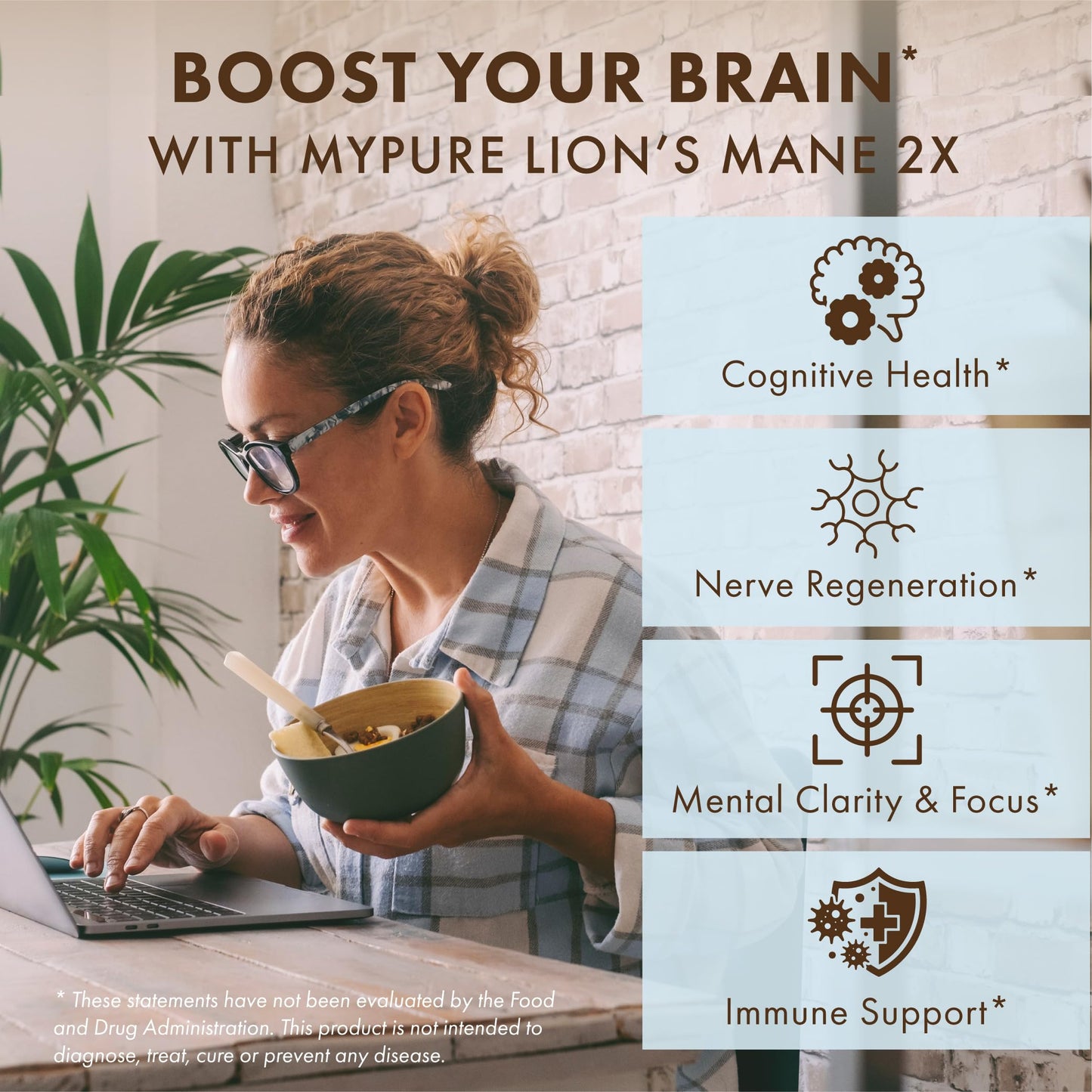 PURE ESSENCE LABS MyPure Lion's Mane 2X Double Strength Brain Support Supplement for Cognitive Health, Focus, Memory & Mental Clarity, 60 Capsules