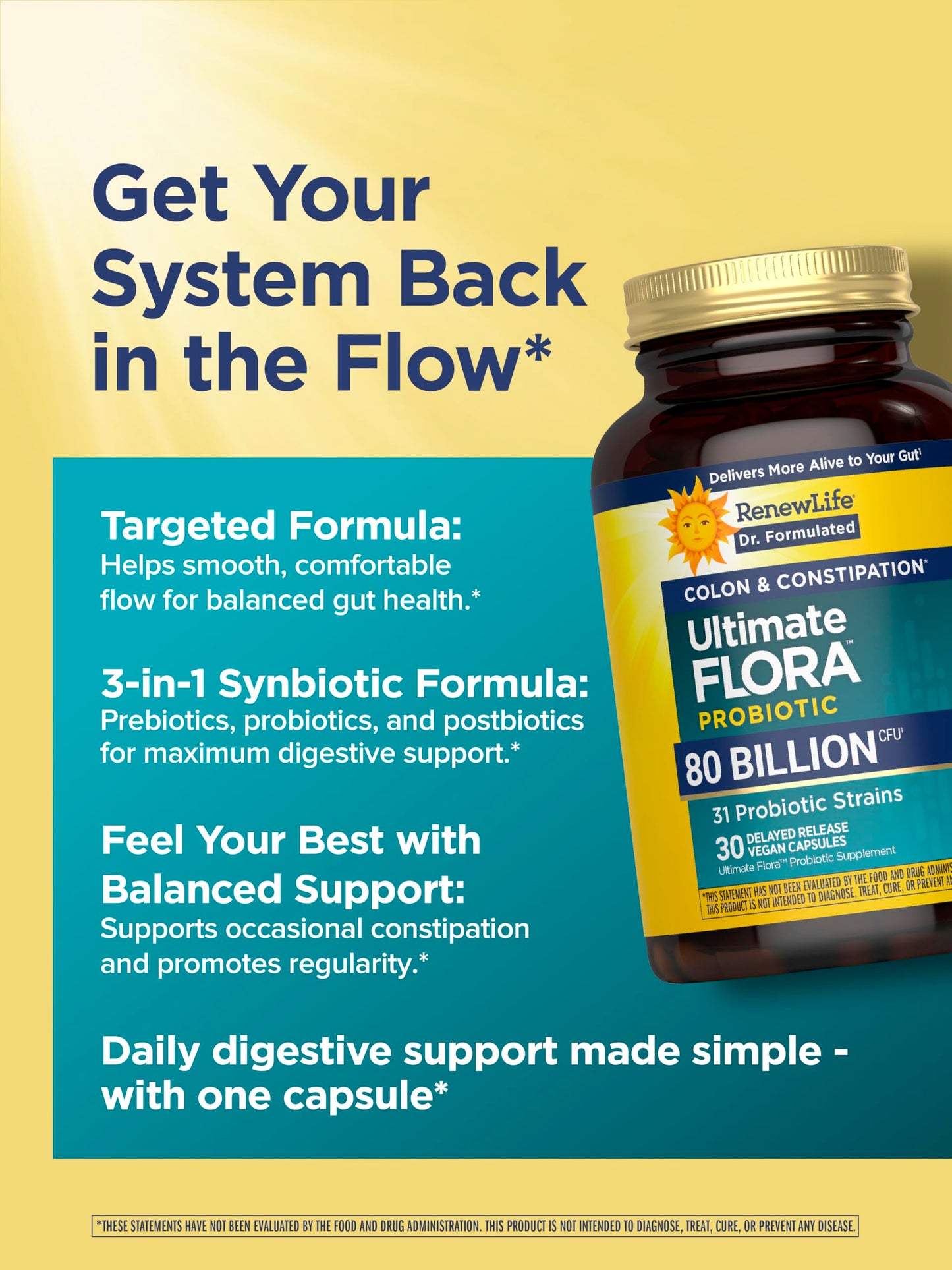 Renew Life Ultimate Flora Probiotics Colon & Constipation Support 80 Billion CFU Delayed Release Vegan Capsules, 30 Count