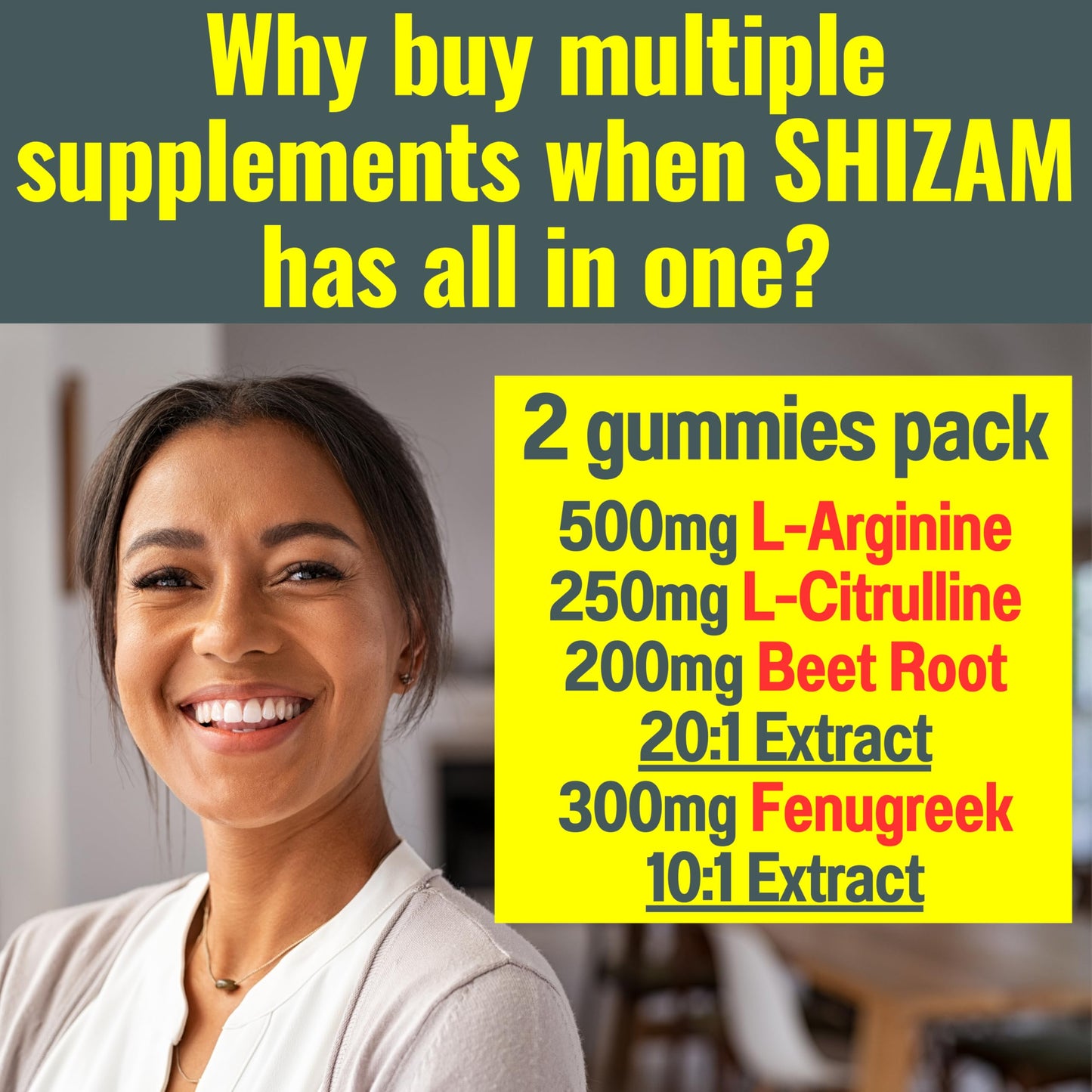 SHIZAM Beets Fenugreek Super Nitric Oxide Gummies with L-Arginine L-Citrulline Beet Root Chewables, 60 Count