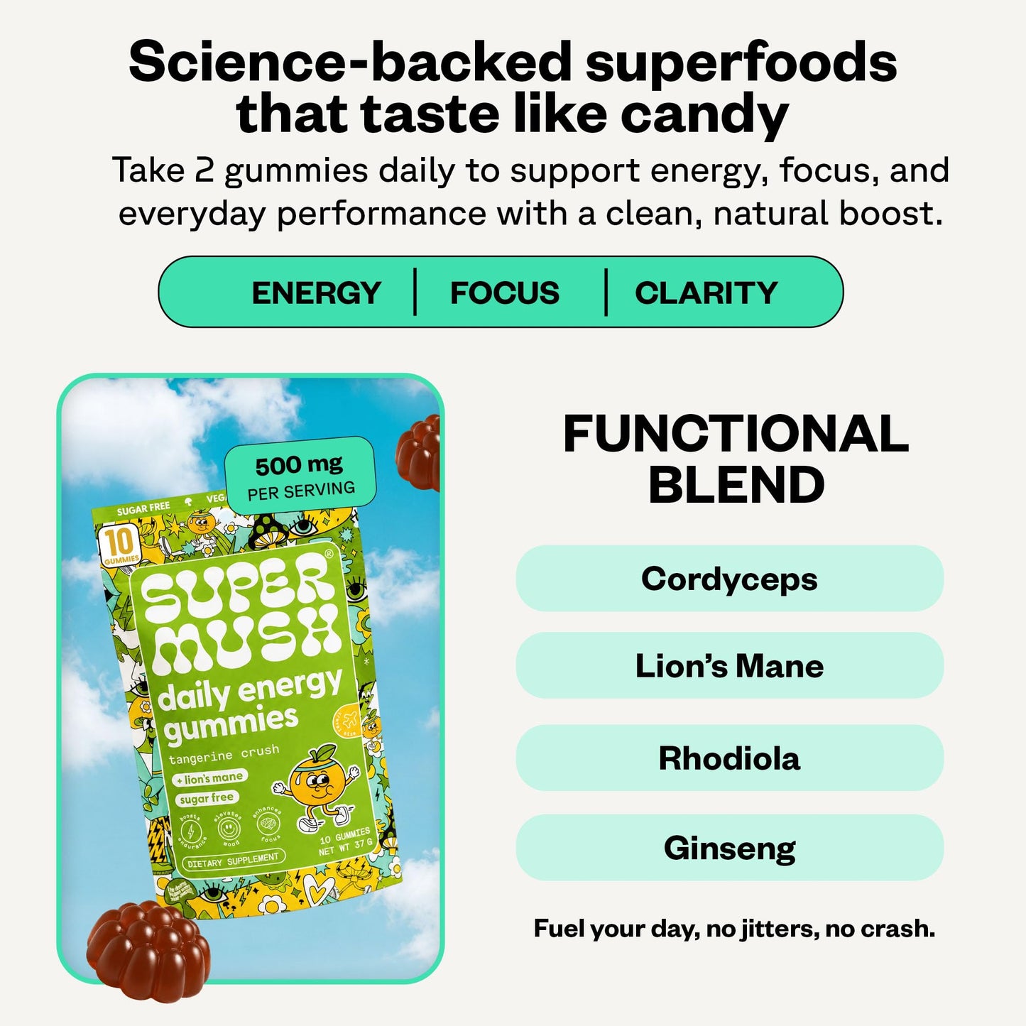 SuperMush Daily Energy Gummies - Lion's Mane & Cordyceps, 10 Count