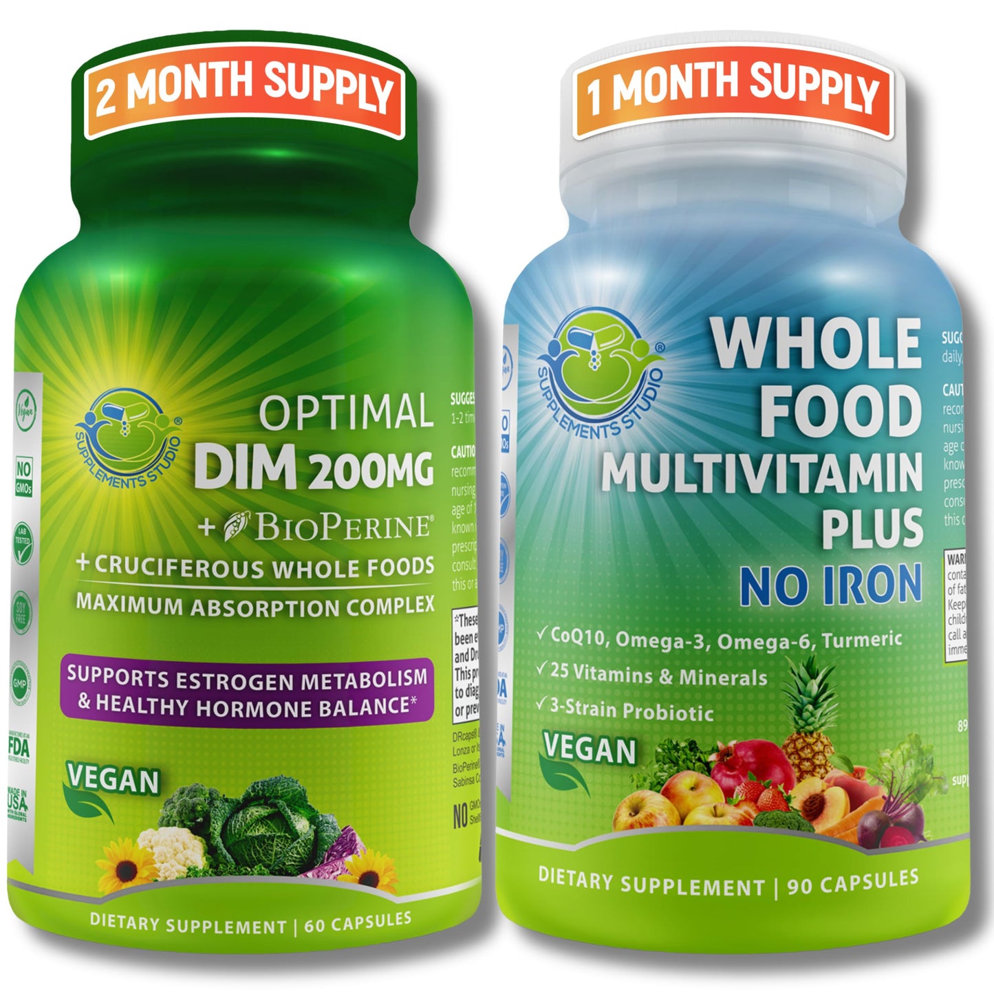 SUPPLEMENTS STUDIO Vegan Multi-system Support with CoQ10, Omega-3, Probiotics & Turmeric - Optimal DIM 200mg with BioPerine & Cruciferous Vegetables & Whole Food Multivitamin Plus (No Iron) Capsule, 1 Count