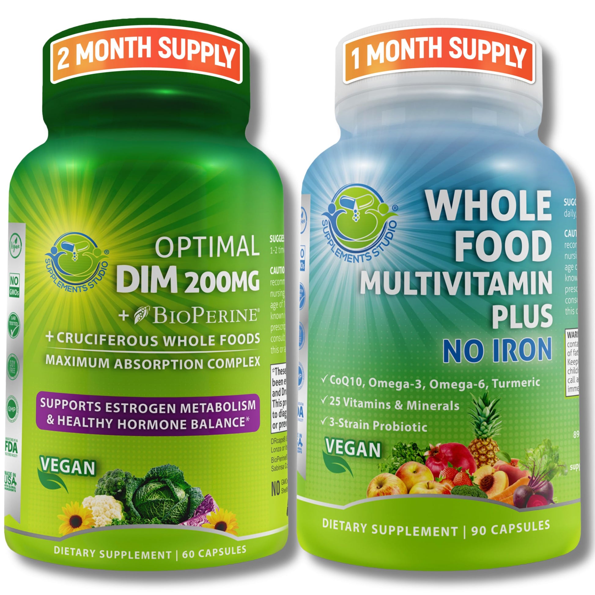 SUPPLEMENTS STUDIO Vegan Multi-system Support with CoQ10, Omega-3, Probiotics & Turmeric - Optimal DIM 200mg with BioPerine & Cruciferous Vegetables & Whole Food Multivitamin Plus (No Iron) Capsule, 1 Count