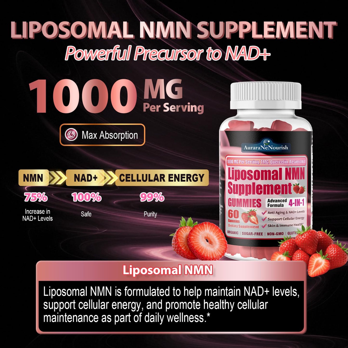 AuraraNeNourish NMN 1000mg Liposomal Gummies with Resveratrol, Quercetin & TMG NAD+ Support, 60 Count