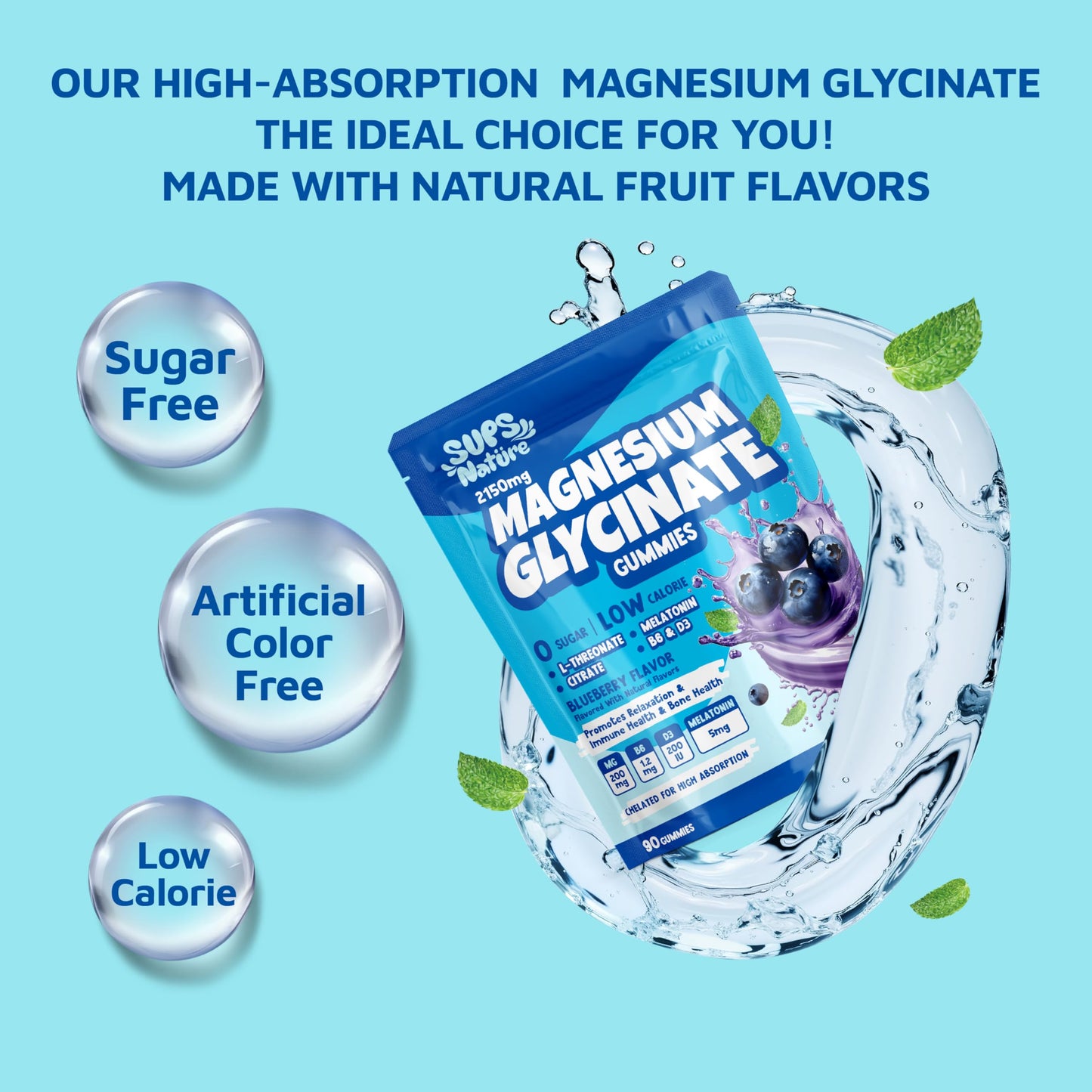 sups nature Magnesium Glycinate Gummies with Melatonin 5 mg Blueberry, 90 Count