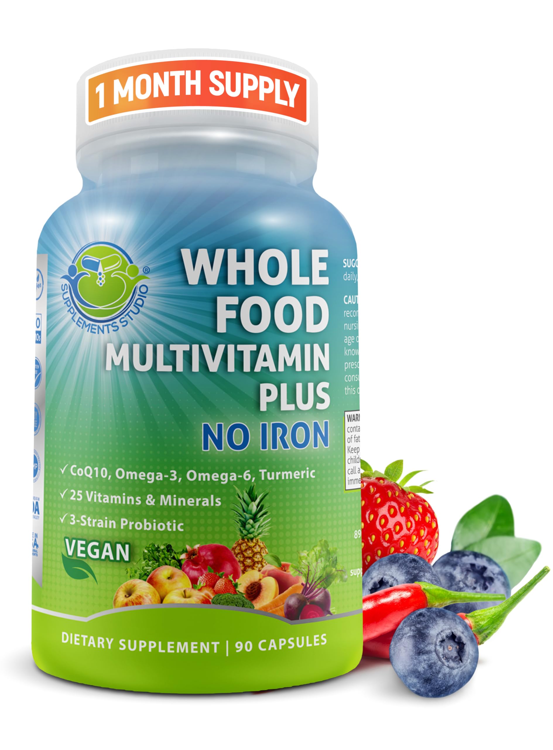 SUPPLEMENTS STUDIO Vegan Whole Food Daily Multivitamin Without Iron, Methylated Multivitamin for Women and Men Capsules, 90 Count