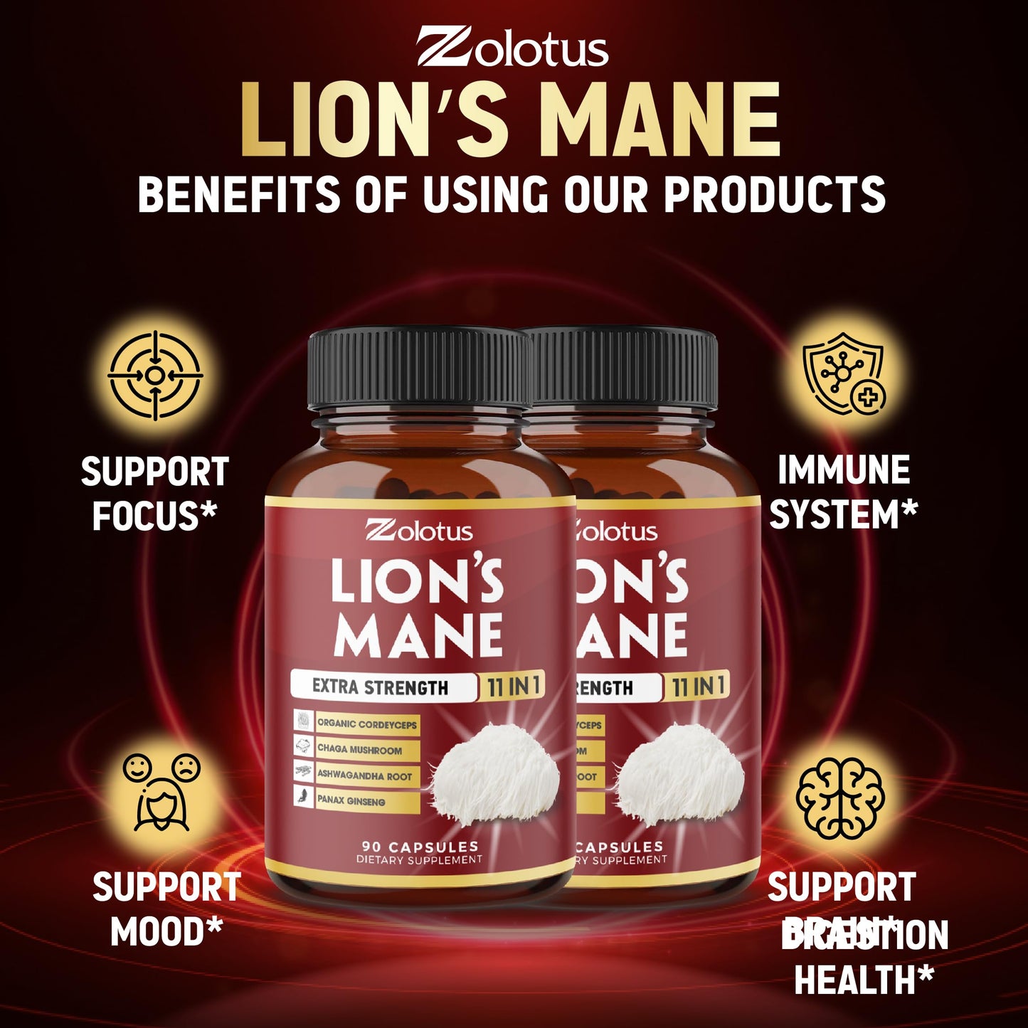 Zolotus Lions Mane Mushroom Supplement with Cordeyceps, Reishi, Ashwagandha, Focus, Memory and Brain Support, Immune Support, Energy - Capsules, 180 Count