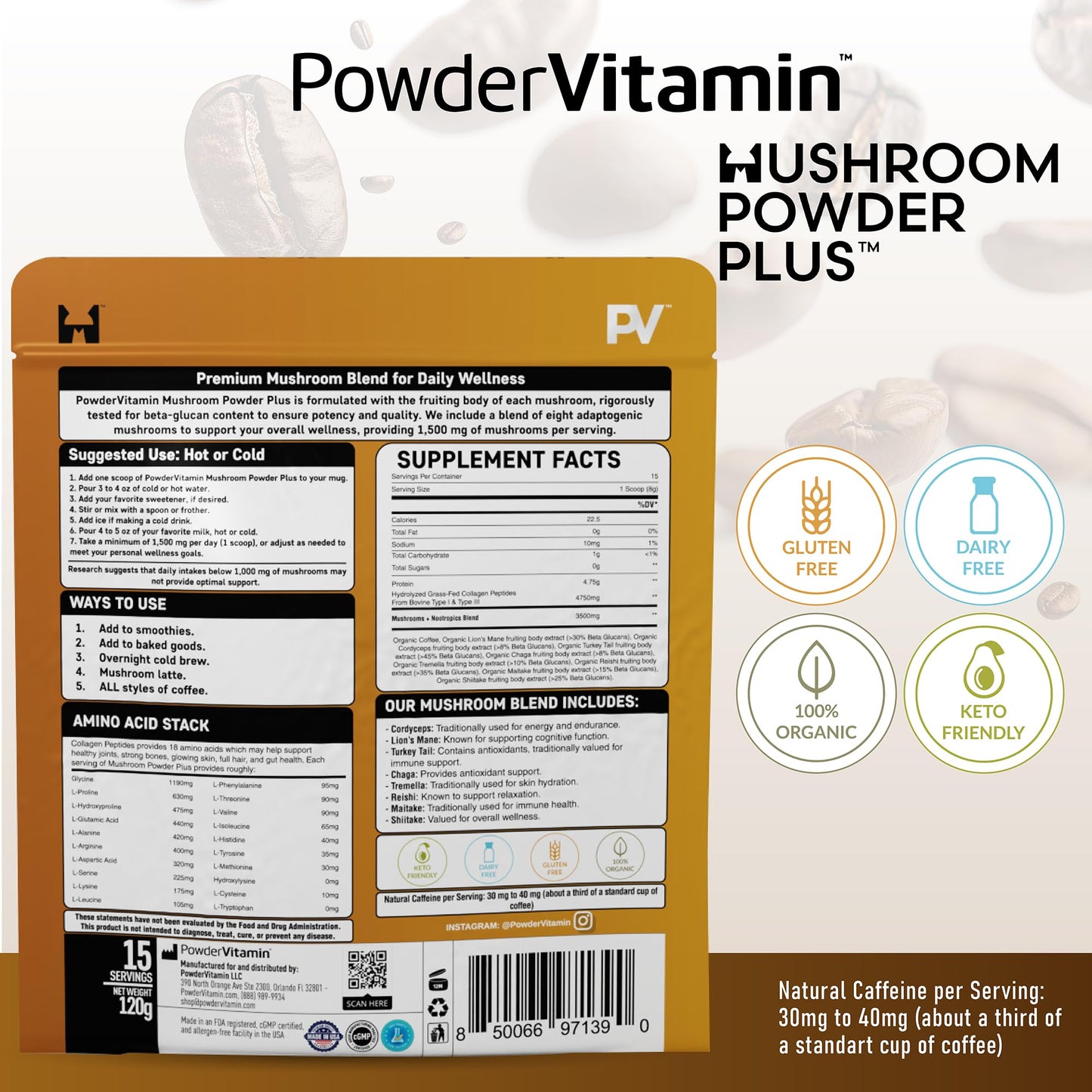 PowderVitamin Organic Mushroom Coffee Powder with Grass-Fed Collagen Types I & III, 8 Fruiting Body Mushrooms, Certified Mold & Mycotoxin Free, Tested for Beta-Glucans, Focus Energy Digestion & Immunity, 4.5 oz