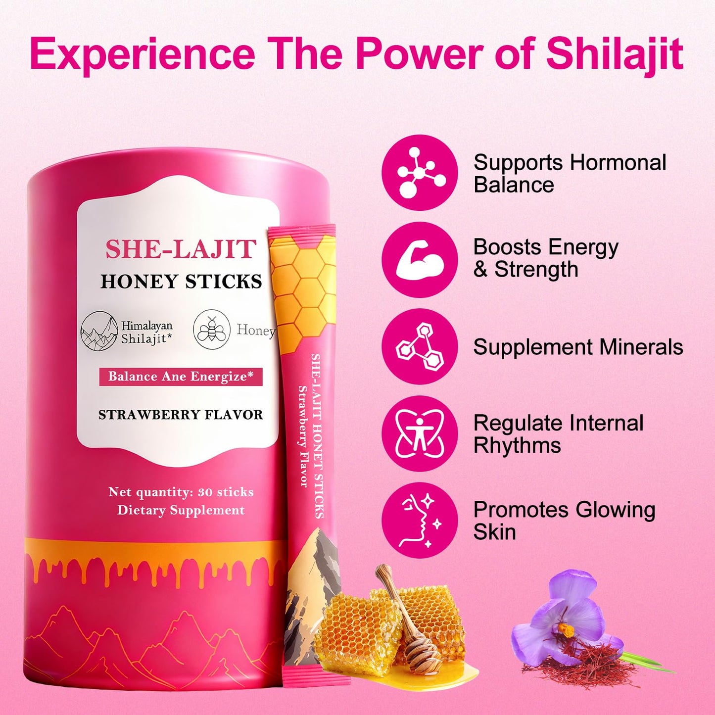 Glabrskise Shilajit Honey Sticks for Women with Shatavari & Saffron, 75%+ Fulvic Acid, 85+ Trace Minerals Gummies, 30 Count