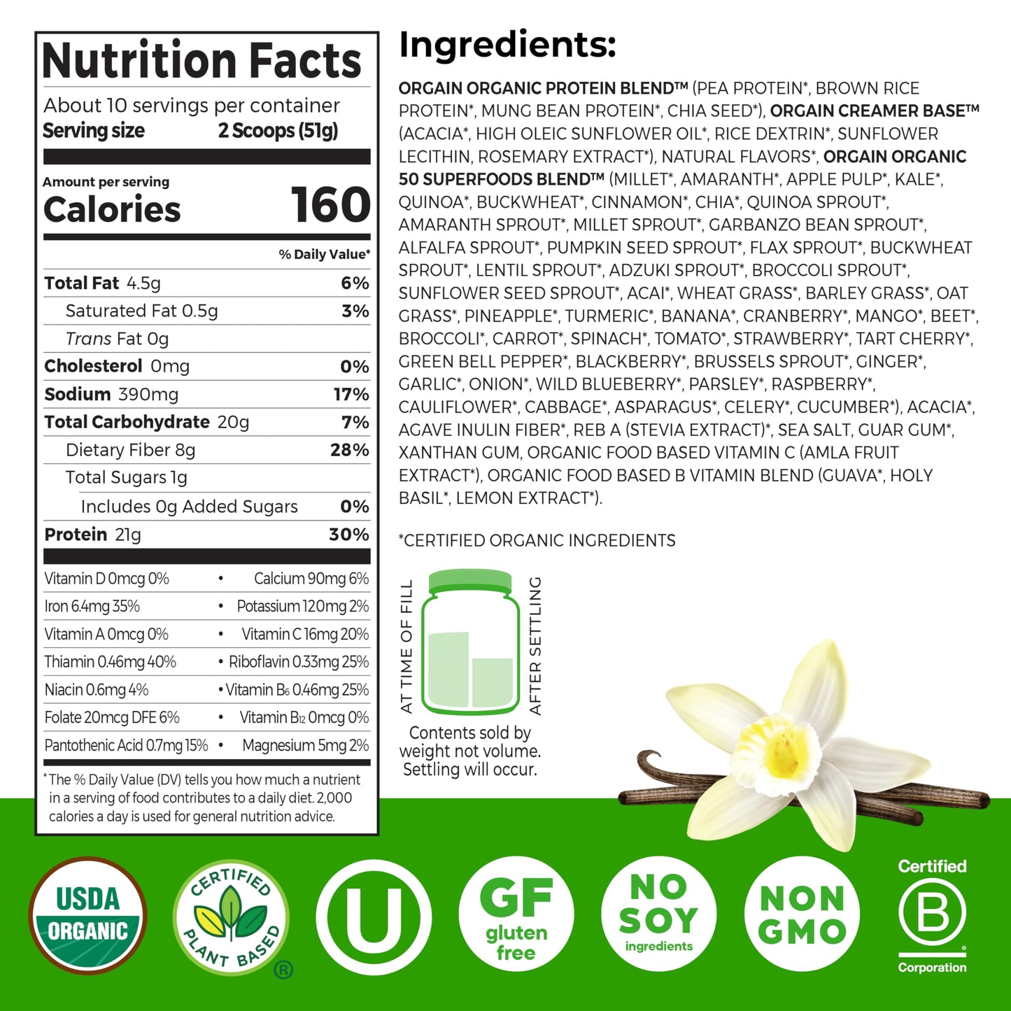 Orgain Organic Vegan Protein + 50 Superfoods Powder, Vanilla Bean, 1.12 lb