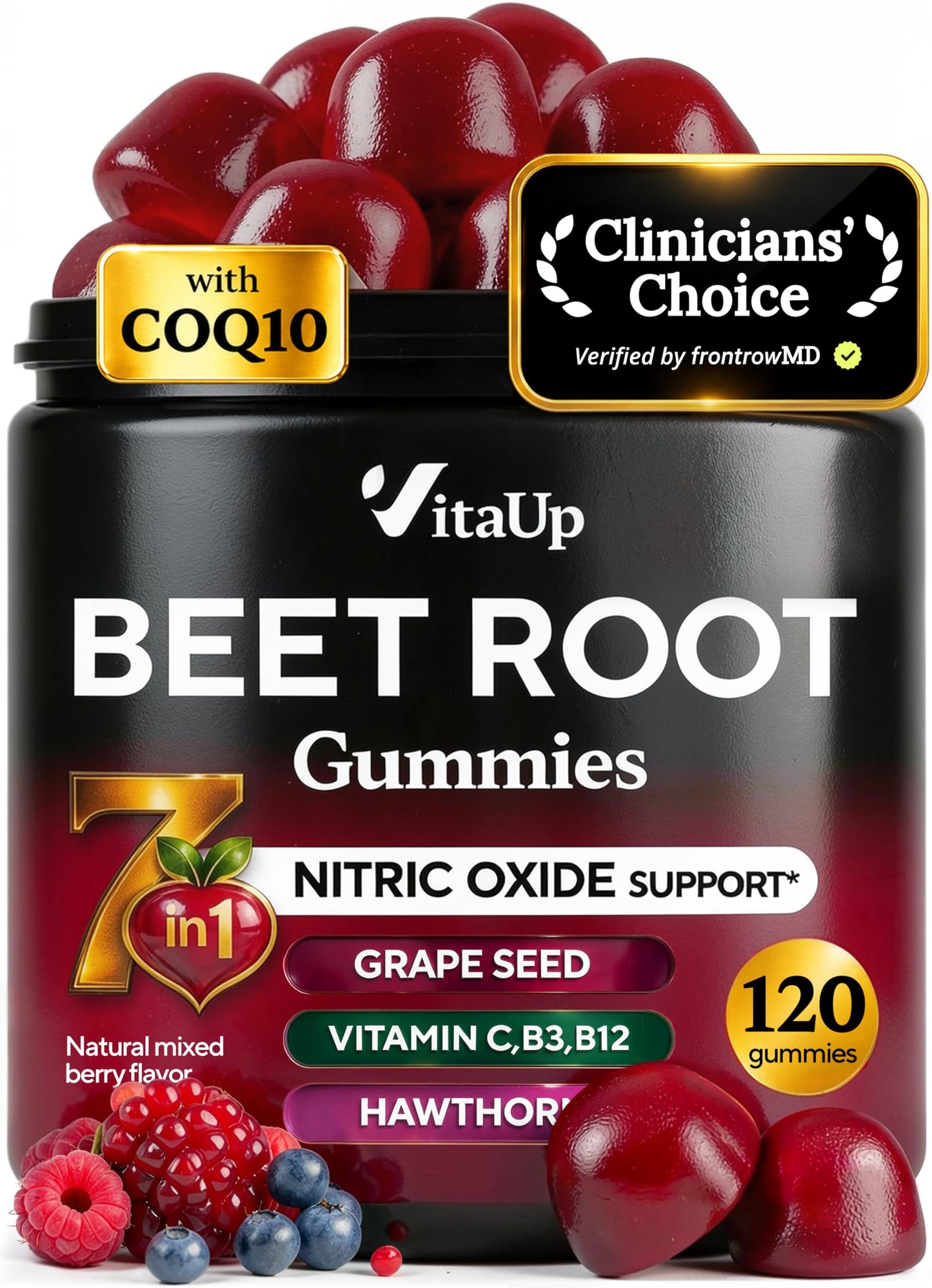 VitaUp Beet Root Gummies with CoQ10, Grape Seed, Vitamin C, B12 & B3 – Circulation & Energy & Immune Support, 120 Gummies