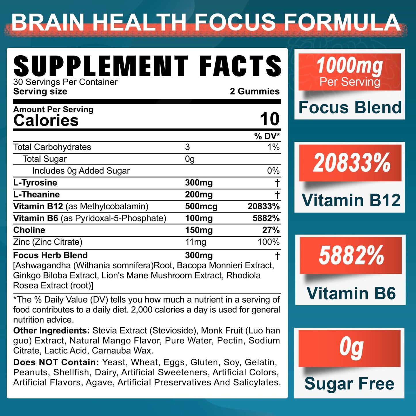 NEVISS Sugar Free L-Tyrosine Gummies with L-Theanine 200mg, B6 100mg, B12 500mcg, Brain Health Herbs 300mg with Ginkgo Biloba, Rhodiola Rosea, Lion's Mane for Sustained Focus & Energy, 60 Gummies