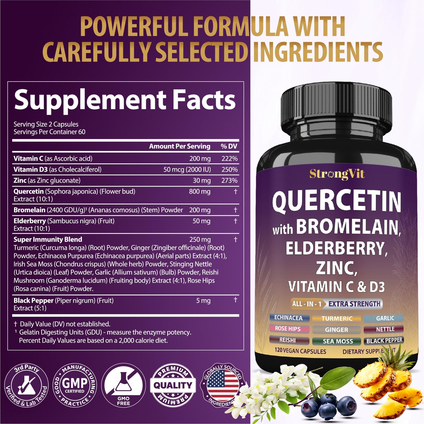 StrongVit Quercetin with Bromelain, Elderberry, Vitamin C, D3 and Zinc Capsules, 120 Count