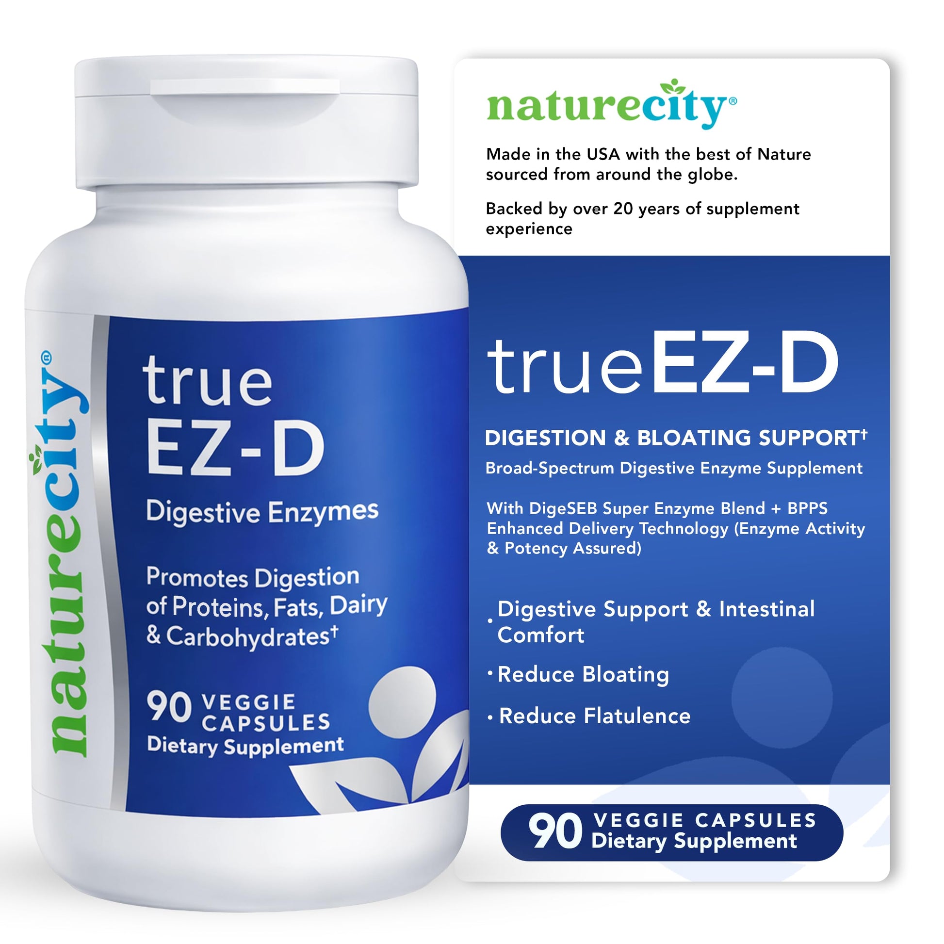 NatureCity True-EZ-D Non-GMO Digestive Enzyme Complex Supplement for Digestive Health and Bloating Relief for Men and Women, 90 Veggie Capsules