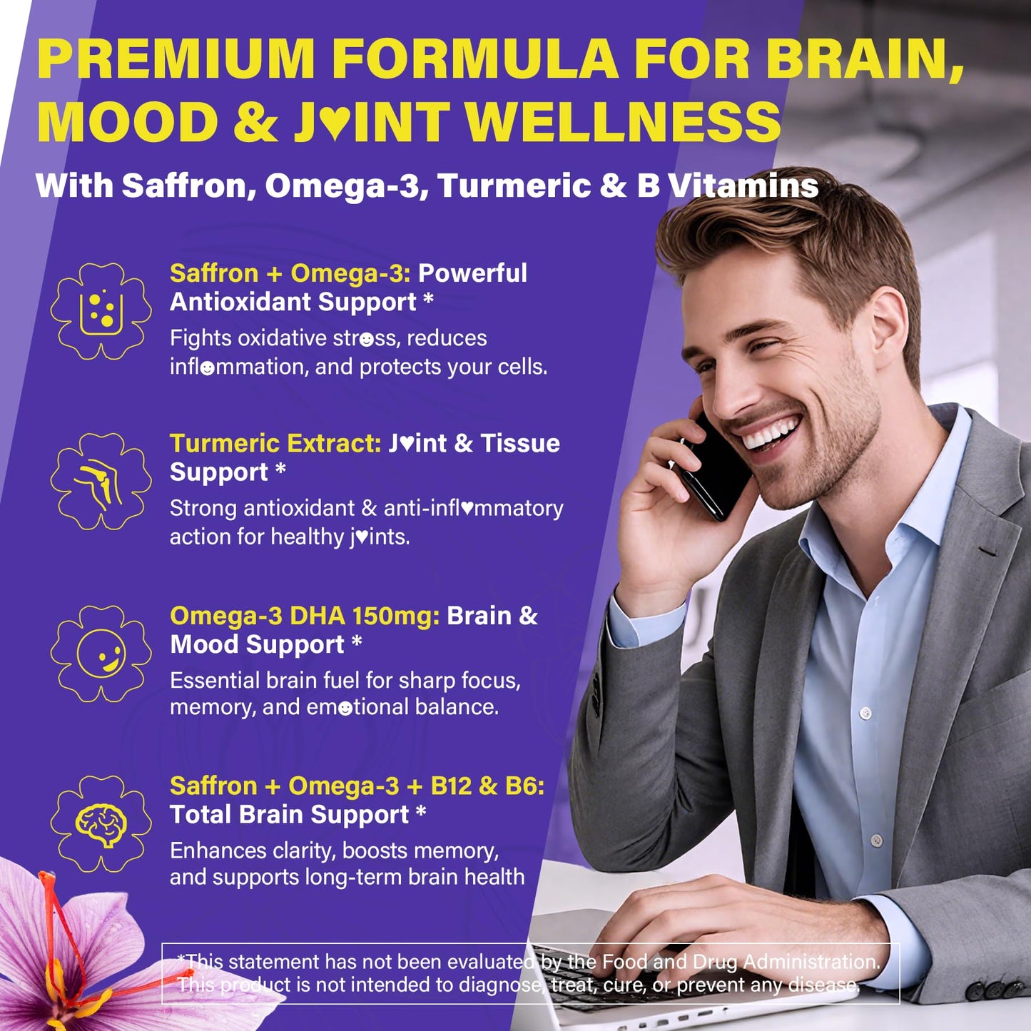 Nextdia Saffron Supplements 100mg Liposomal High Absorption 100% Pure Saffron Extract with Magnesium Glycinate, Omega-3, Turmeric, Ashwagandha, Vitamin B6, B12, D3 for Mood, Brain, 60 Softgels