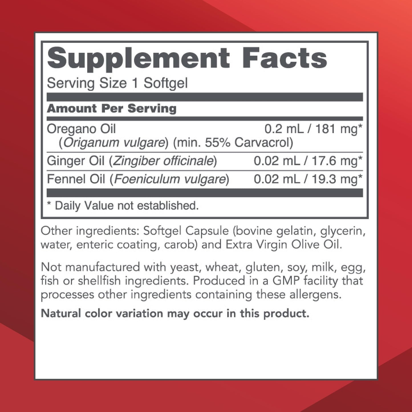 PROTOCOL FOR LIFE BALANCE Oregano Oil 0.2 mL - for Intestinal Support* - Minimum 55% Carvacrol - with Ginger & Fennel Oil - Dairy Free & Egg Free 90 Softgels