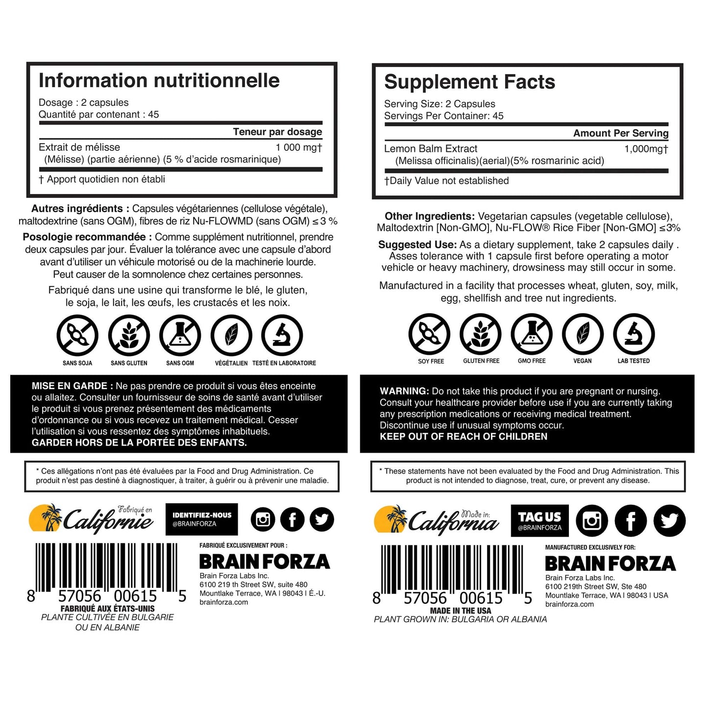 Brain Forza Lemon Balm R5 Extract Capsules - Standardized Extract 5% Rosmarinic Acid, 90 Capsules