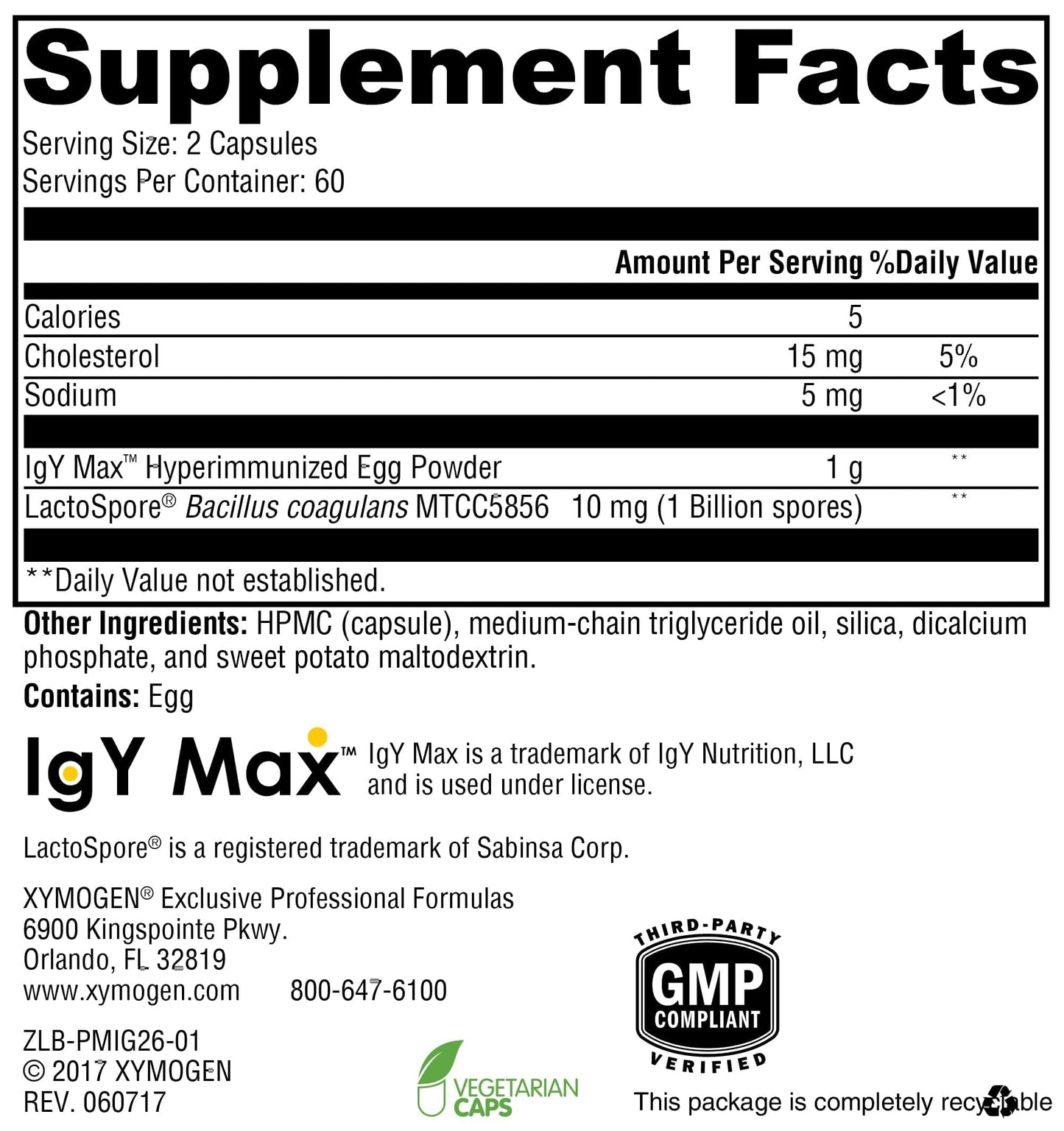 XYMOGEN ProbioMax IG 26 Immunized Egg Powder & Bacillus Coagulans Digestive Health Support Vegetarian, Gluten-Free & Non-GMO, 120 Capsules