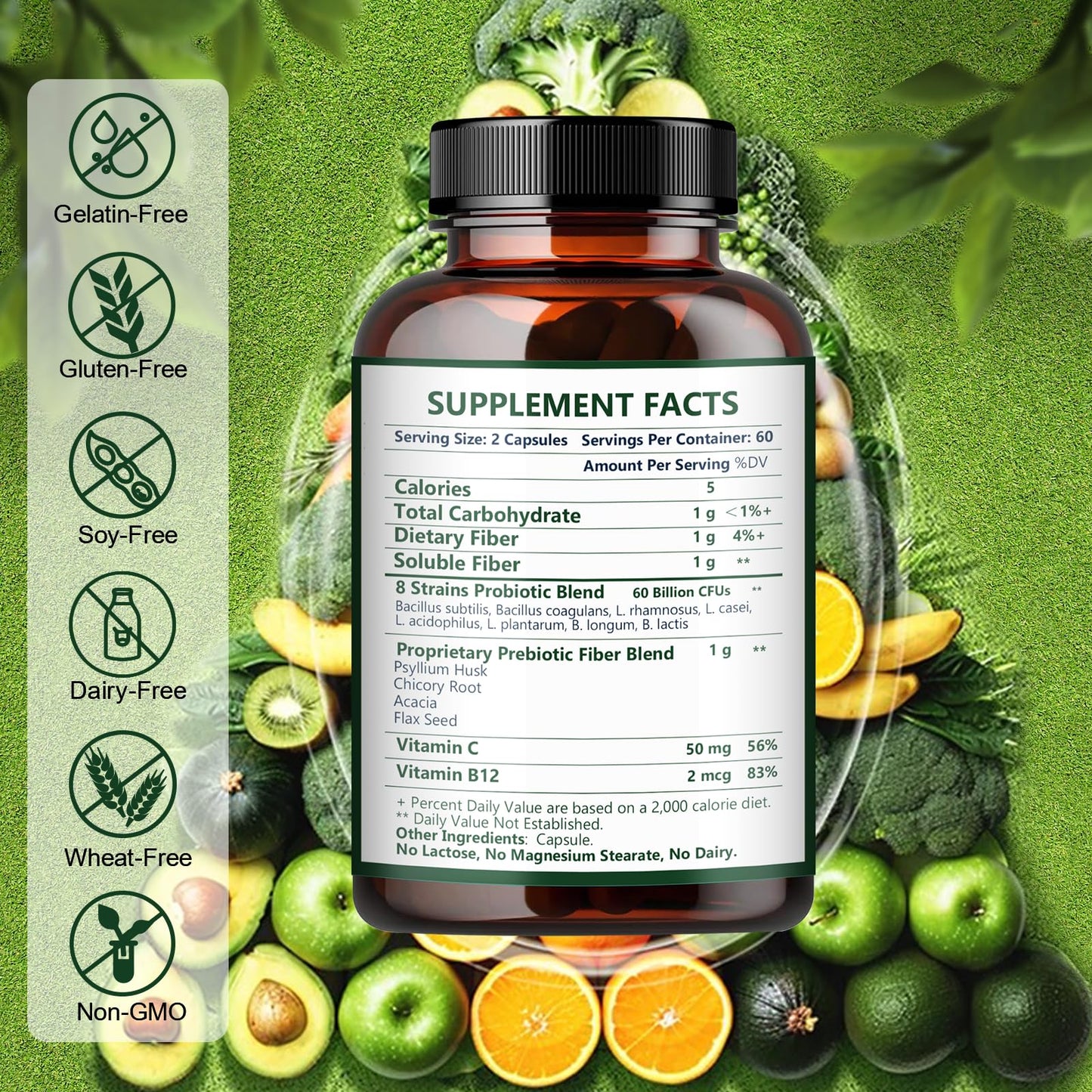Nature Target Prebiotic Fiber Supplement with 60 Billion Probiotics for Digestive Health Capsule 120 Count