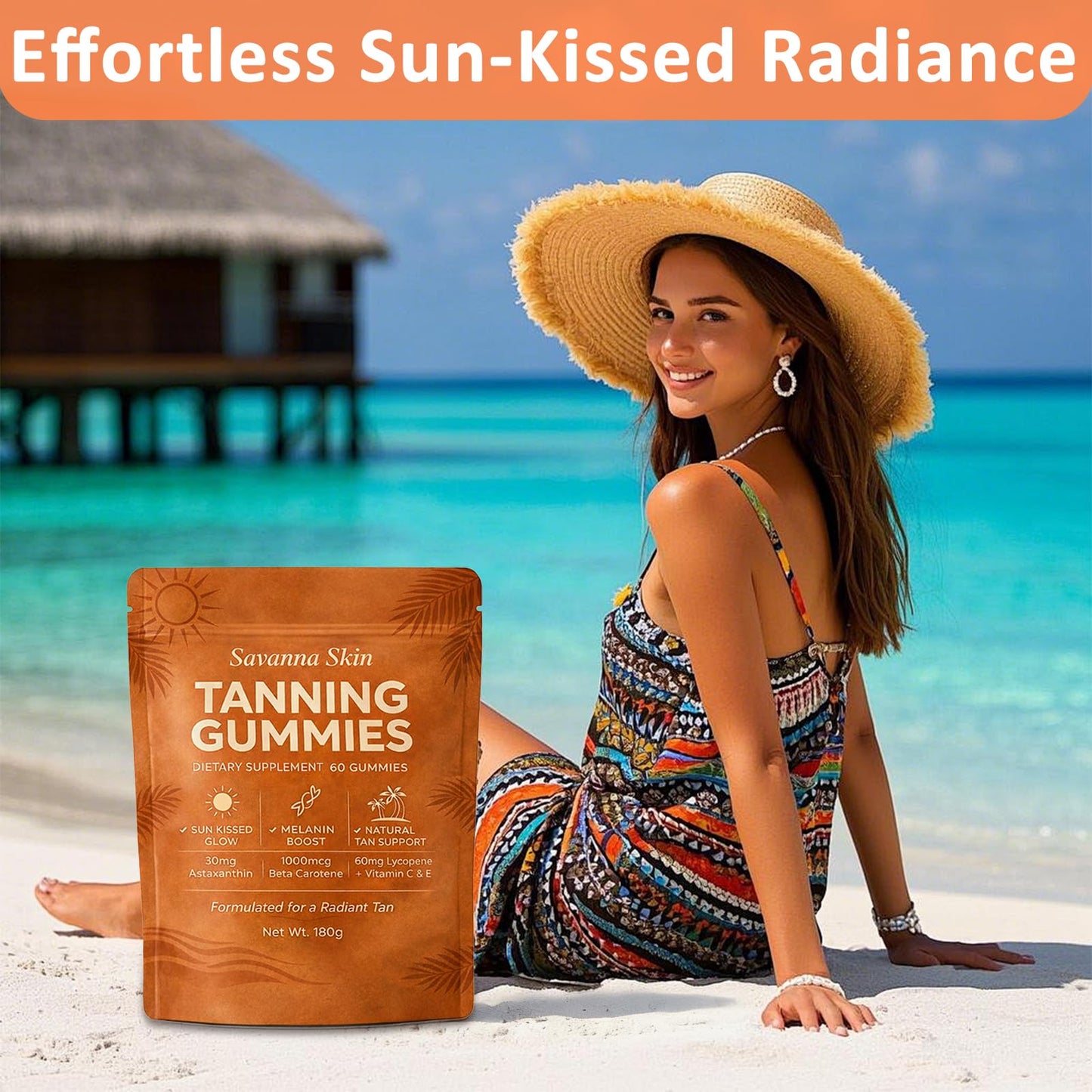Savanna Skin Tanning Gummies, All-Natural Antioxidant Blend with Vitamin C & E, Astaxanthin, Beta Carotene, 1 Count