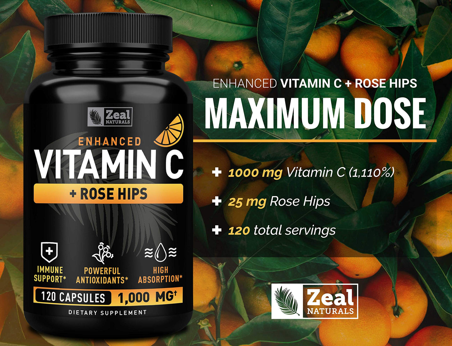Zeal Naturals Vitamin C with Rose Hips 1000mg - Pure Ascorbic Acid Supplement - High Dose Vitamin C Capsules, 120 Count