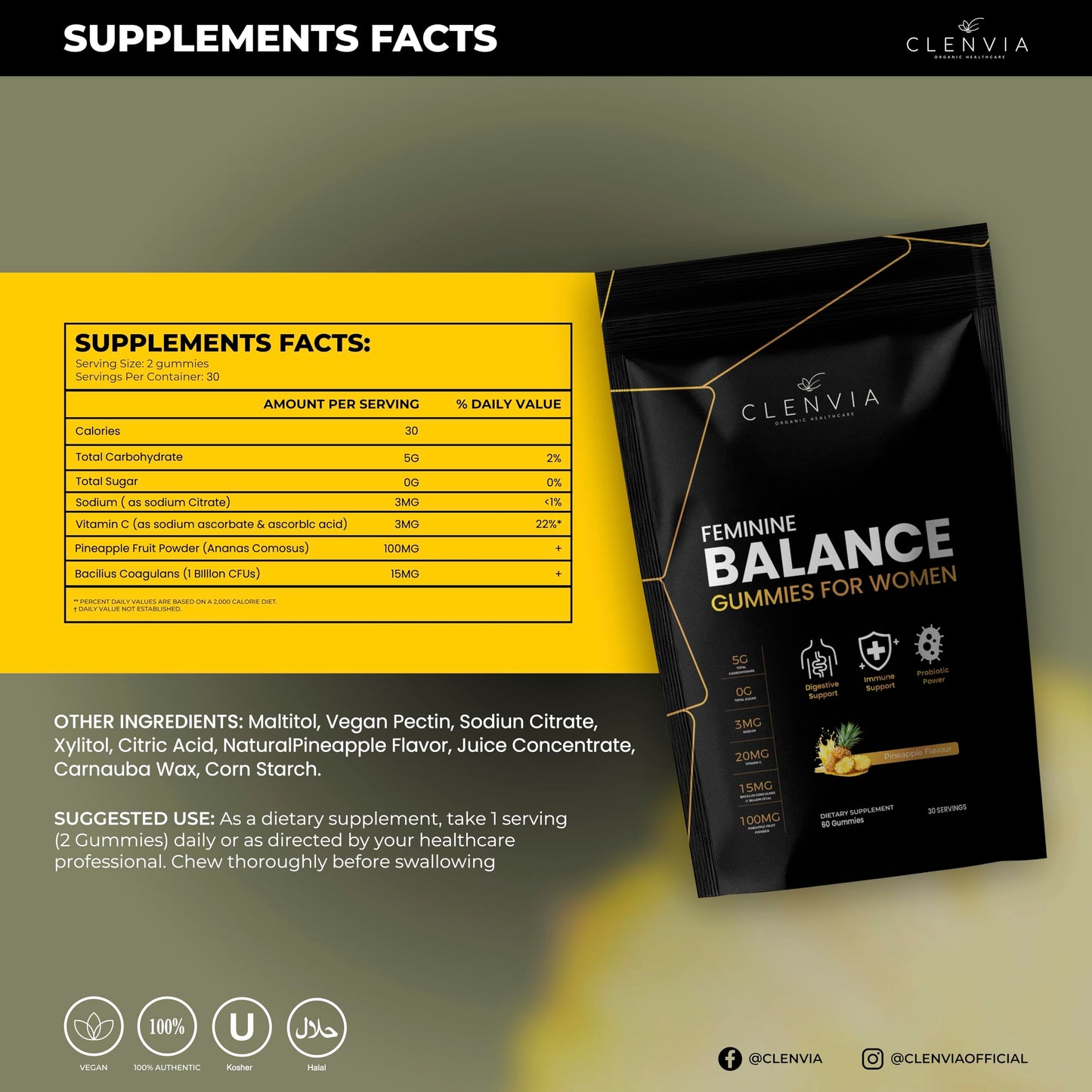 CLENVIA Premium Feminine Balance Gummies for Women – Probiotic with Vitamin C – Pineapple Flavor, 60 Gummies