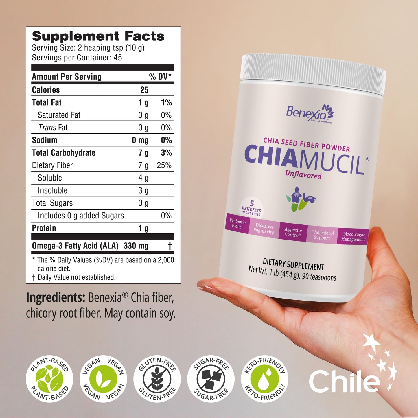 BENEXIA Chiamucil Prebiotic Chia Fiber & Inulin, Unflavored Powder, 16