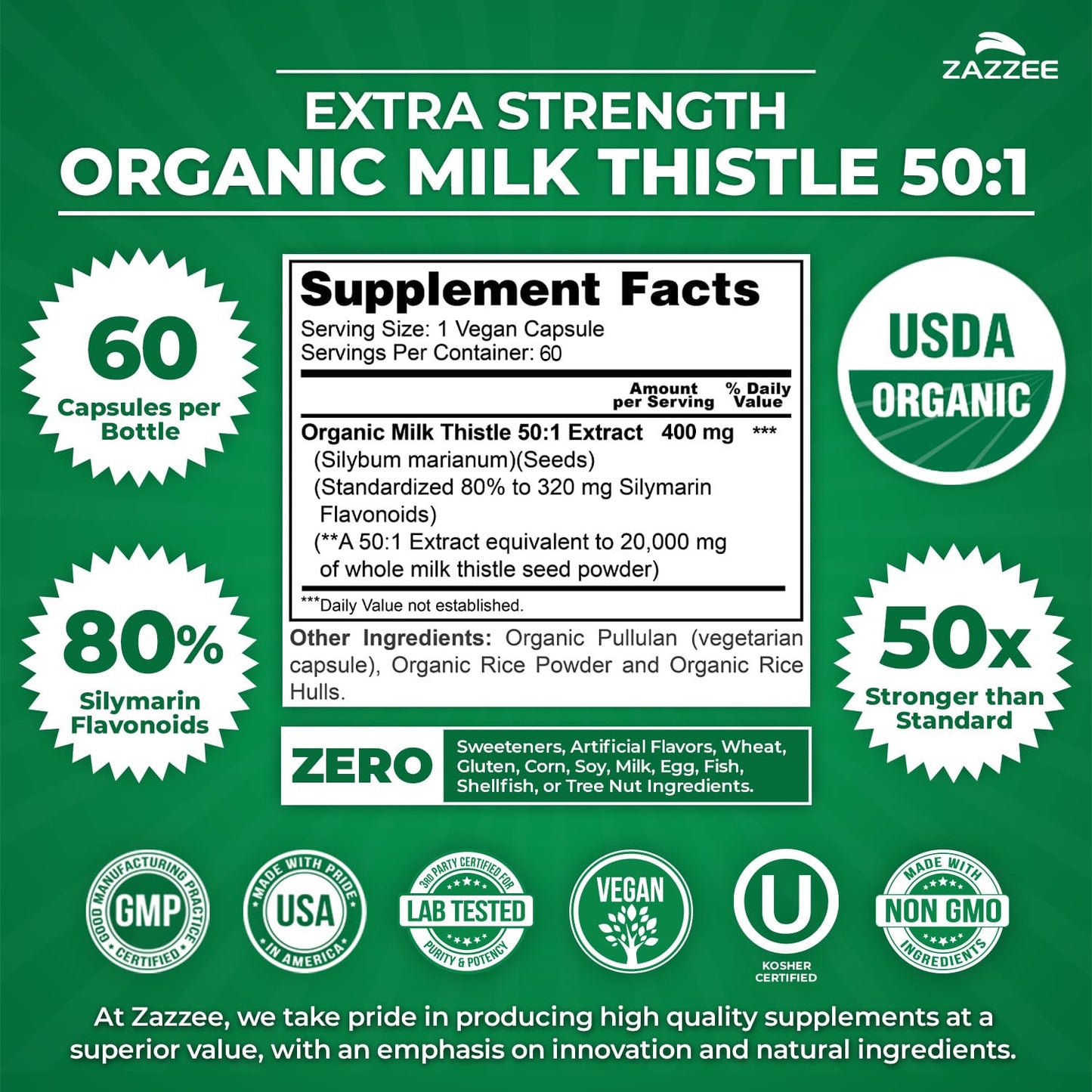 Zazzee Milk Thistle 50:1 Extract 60 Capsules