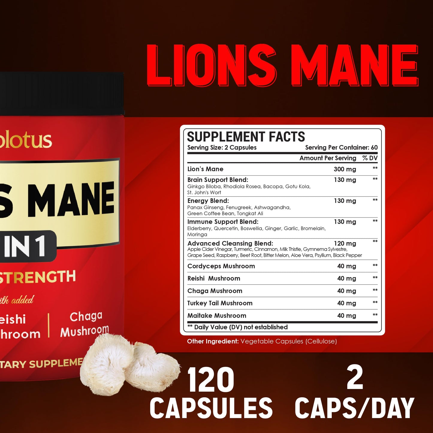 Zolotus 35 in 1 Lions Mane Mushroom Capsules with Cordyceps, Reishi, Elderberry, Ashwagandha, Panax Ginseng, 120 Count