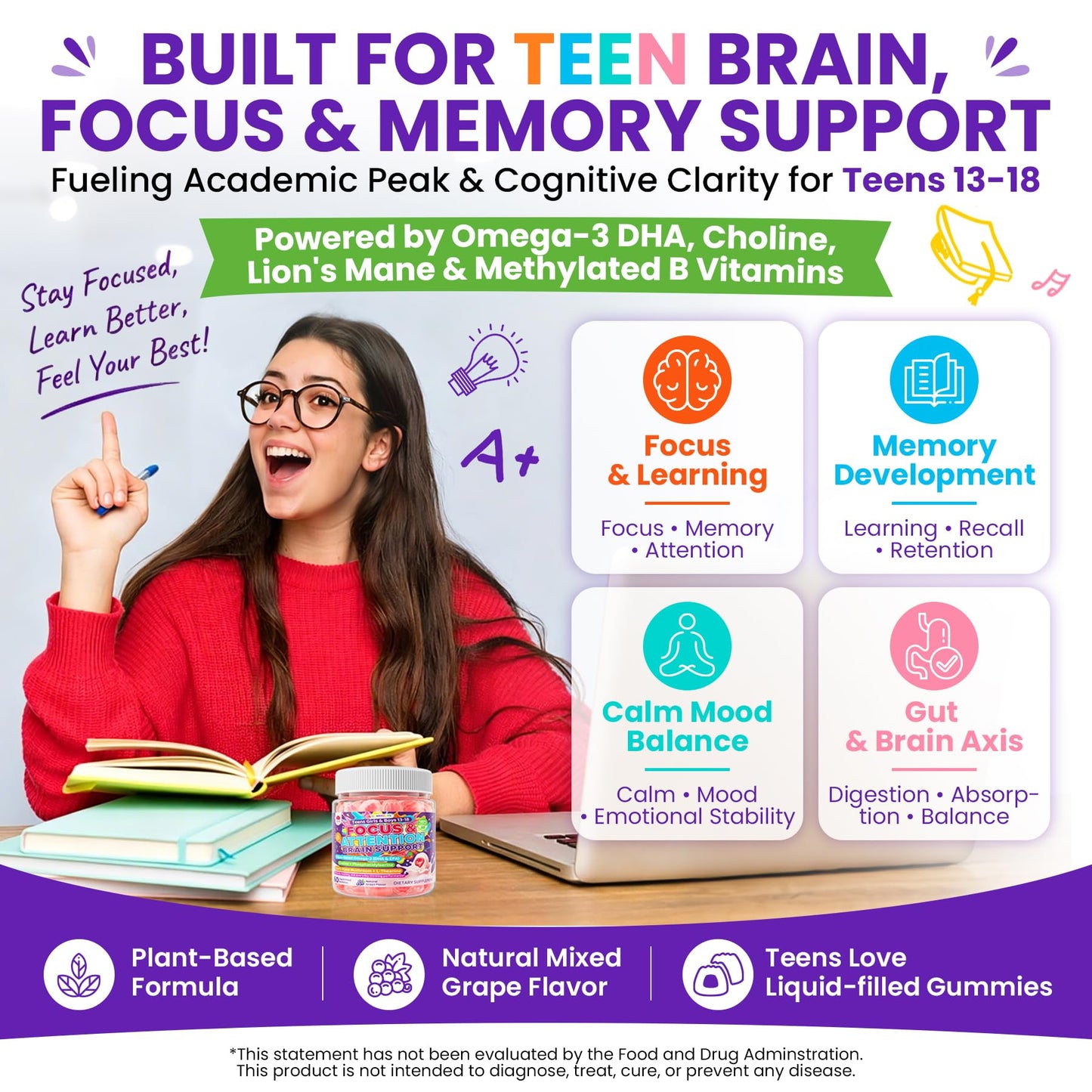 LILICARE Teen Brain Focus Gummies with Omega-3 DHA, Lion's Mane Mushroom, 60 Gummies