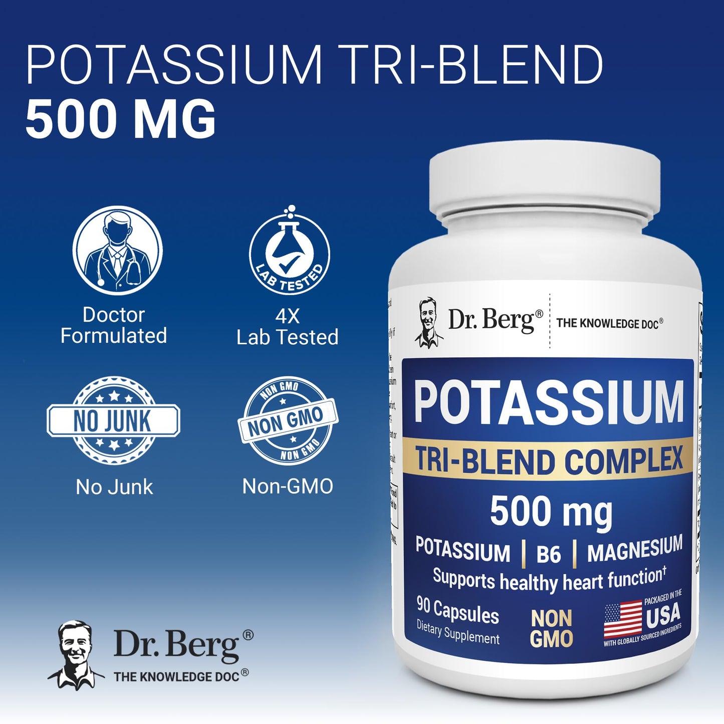 Dr. Berg Nutritionals Potassium Tri-Blend Complex 500 mg Potassium Supplement Capsules, 90 Count