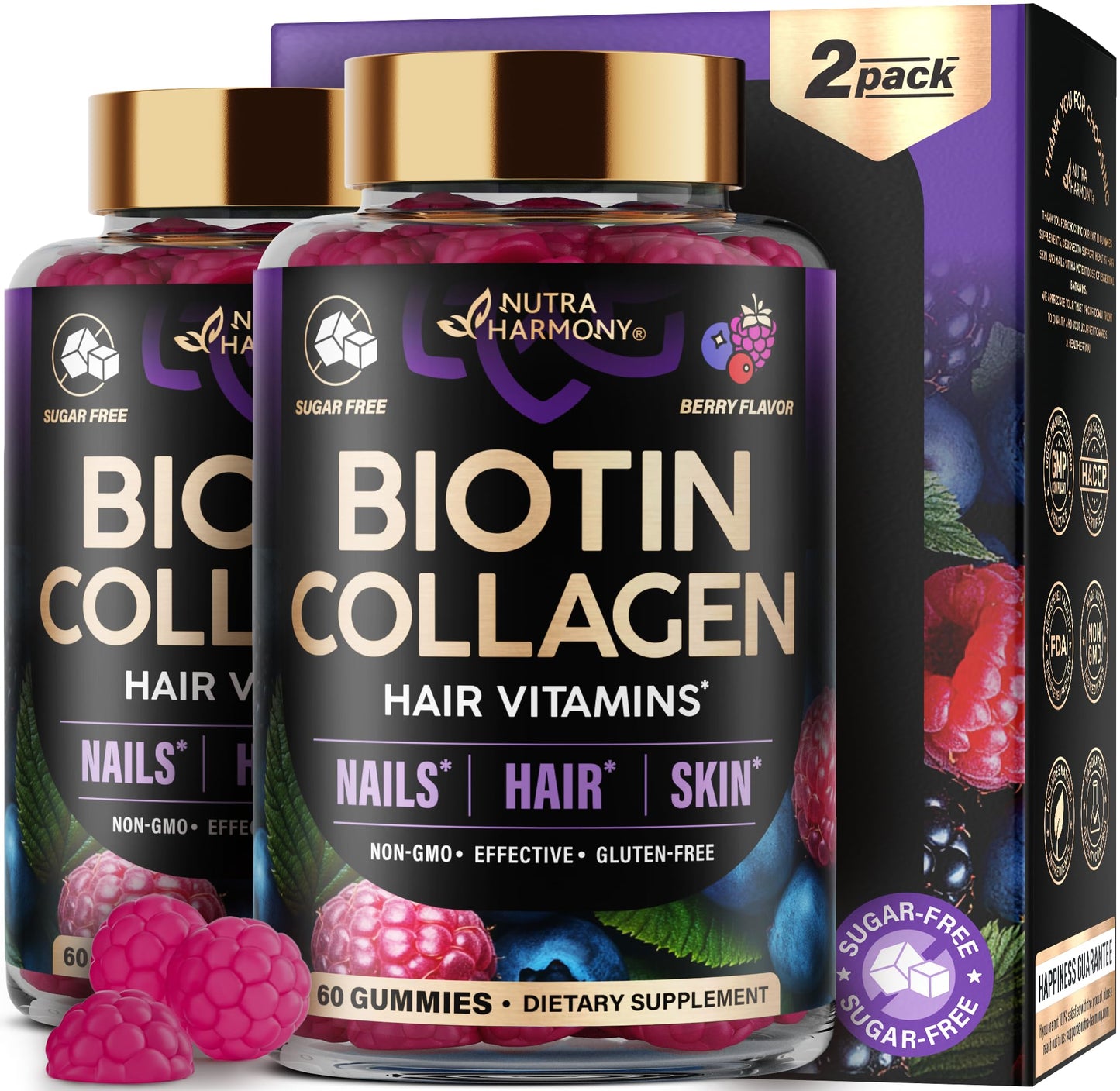 NUTRAHARMONY Biotin Gummies with Collagen for Hair, Skin & Nails - 10000mcg Biotin, Sugar-Free, Mixed Berry, 120 Gummies