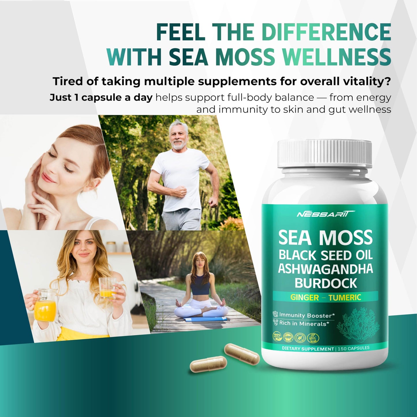 NESSARIT Sea Moss Supplement 16-in-1 Natural Blend with Black Seed Oil Ashwagandha Burdock Bladderwrack Ginger Dandelion Capsules 150 Count