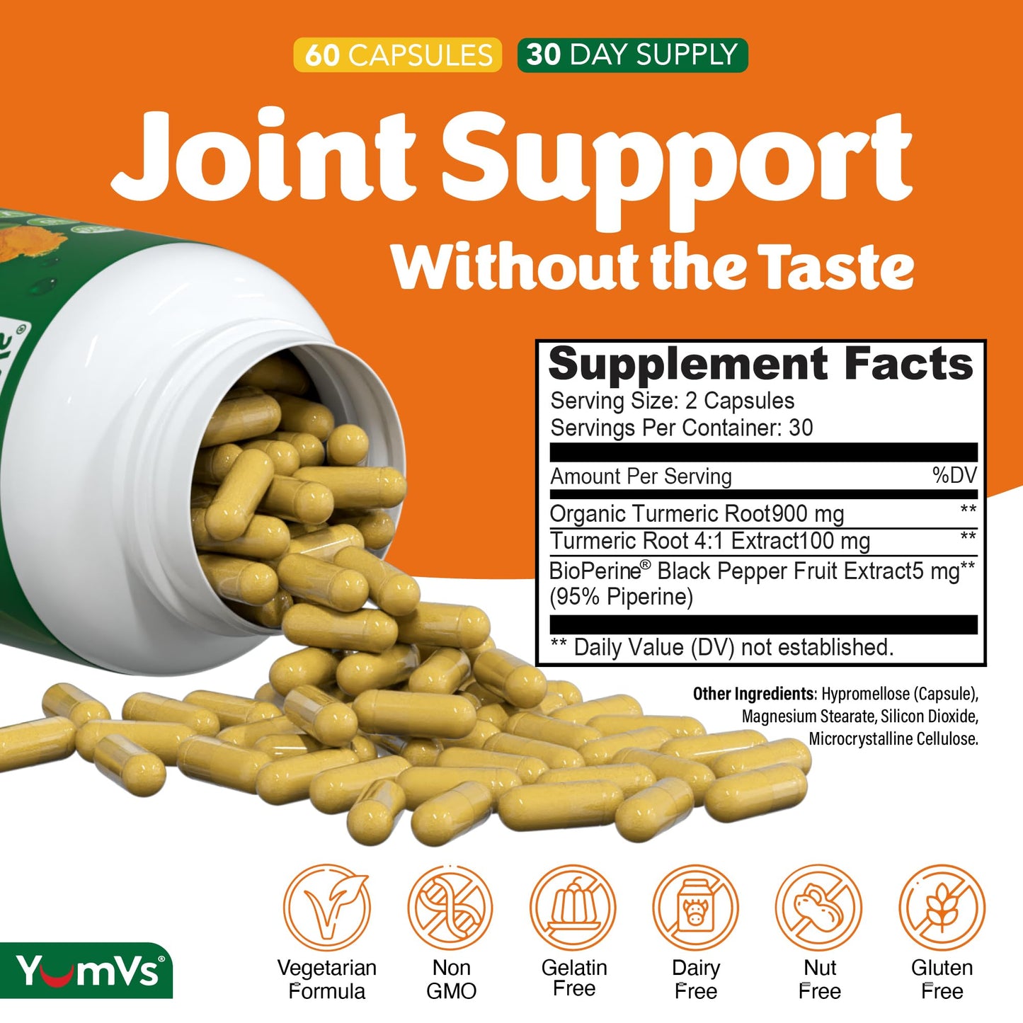YUM-V'S Turmeric Curcumin Supplement with Black Pepper Capsule, 60 Count