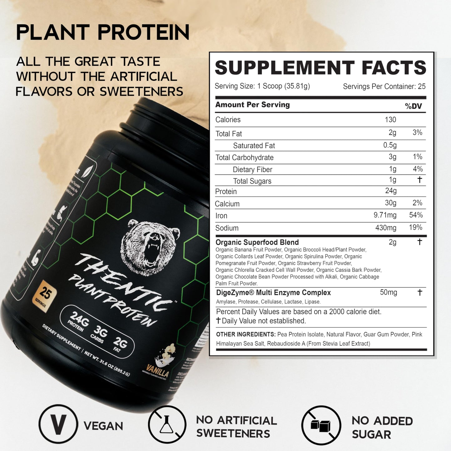 THENTIC Plant Based Protein Powder Vanilla 30.4 oz