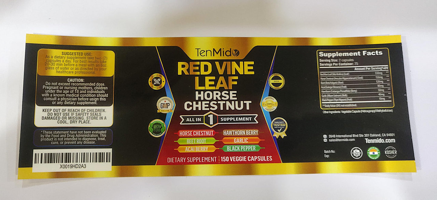 Tenmido Red Vine Leaf Extract Supplement Capsule 150 Count
