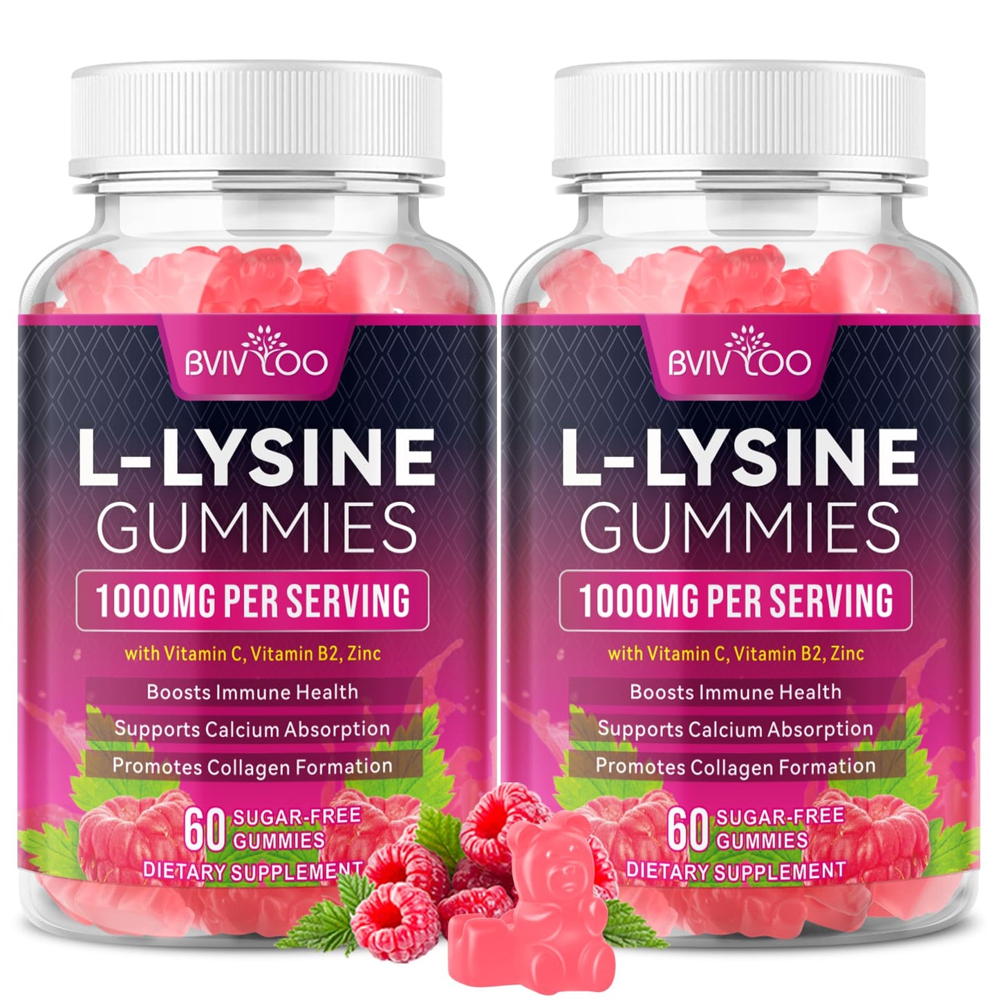 BVIVLOO L-Lysine 1000mg Gummies for Immune Support & Skin Health, 2-Pack