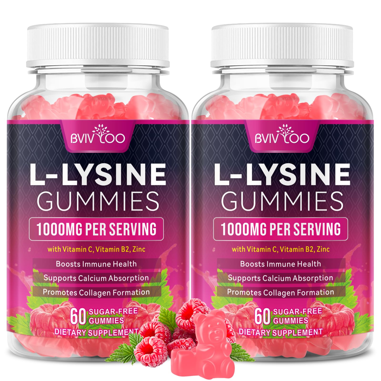 BVIVLOO L-Lysine 1000mg Gummies for Immune Support & Skin Health, 2-Pack