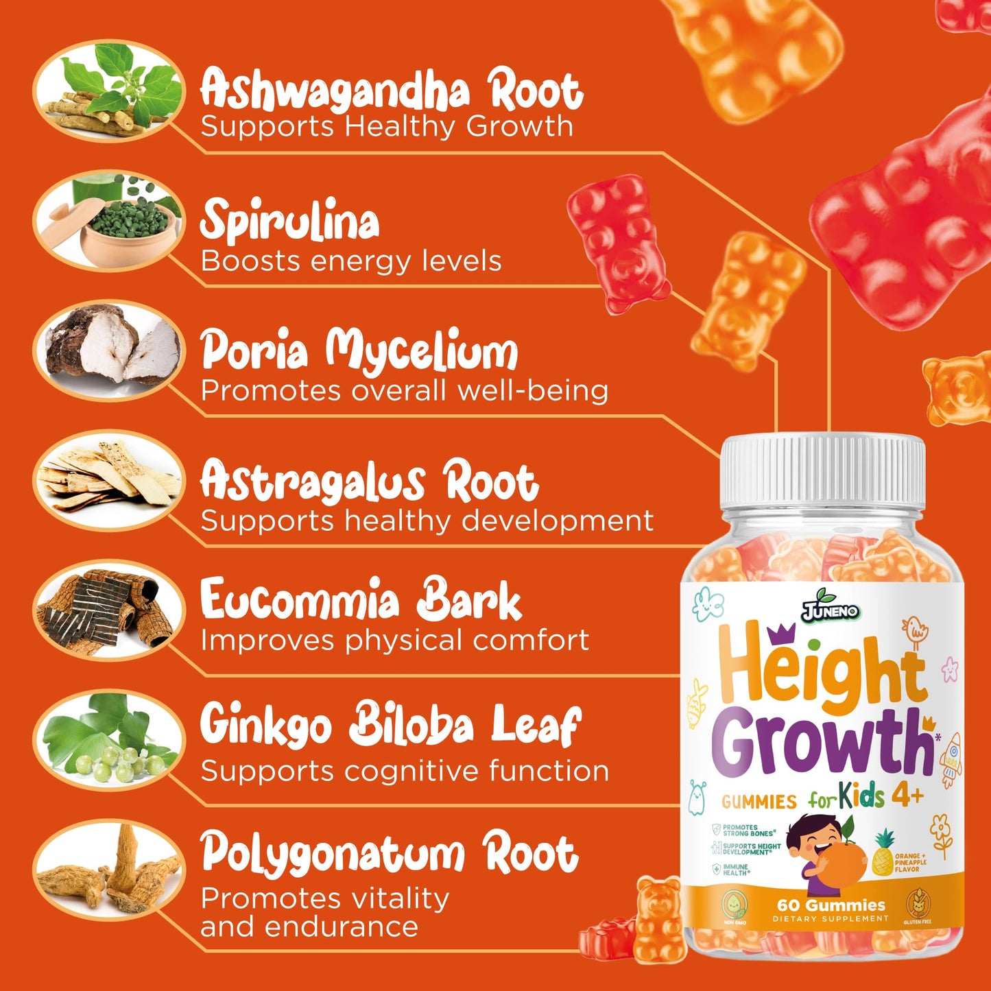 Juneno Height Growth Vitamins Gummies, 60 Count