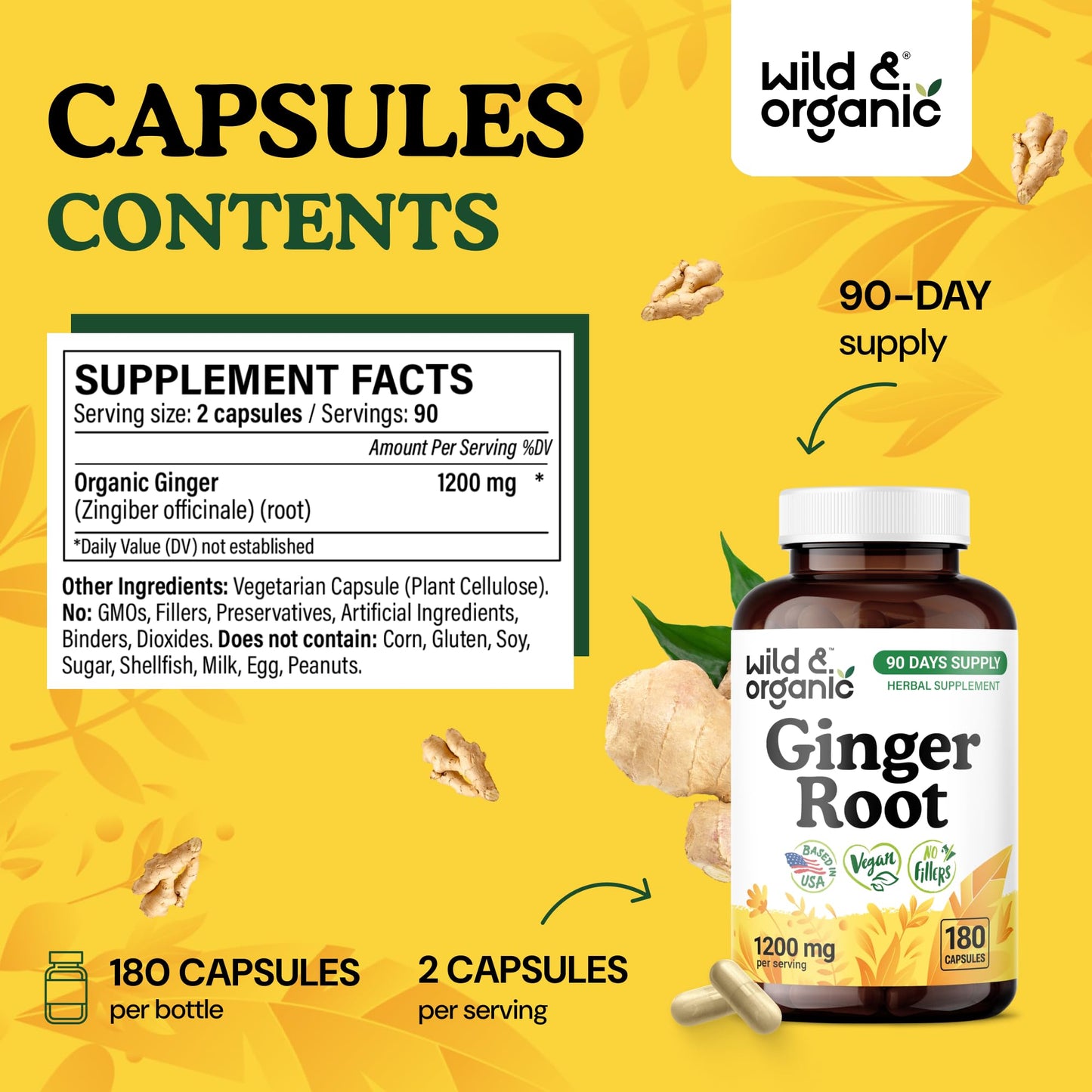 Wild & Organic Ginger Root Capsules 180 Count