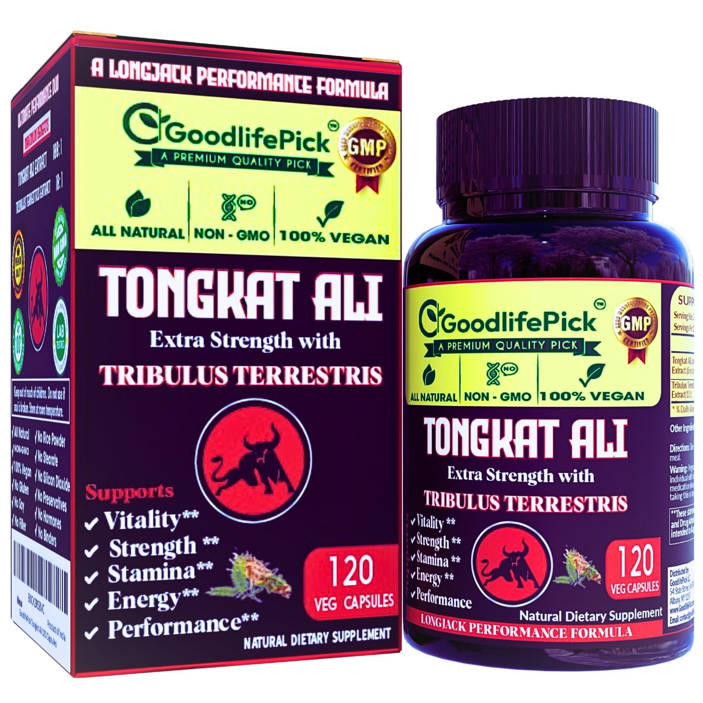 GoodlifePick Extra Strength Tongkat Ali with Tribulus Terrestris Extract 100:1 Capsules, 120 Count