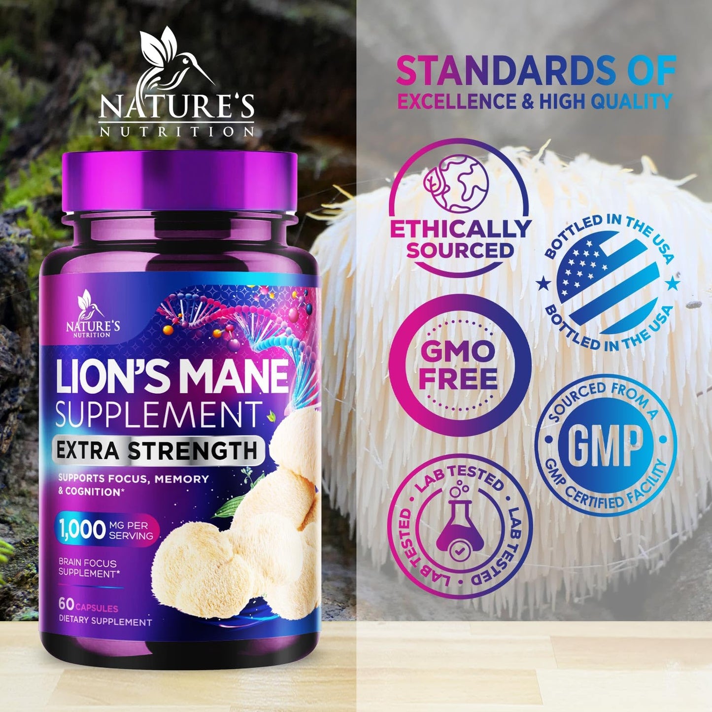 Nature's Nutrition Lion's Mane Mushroom Supplement Capsules 60 Count