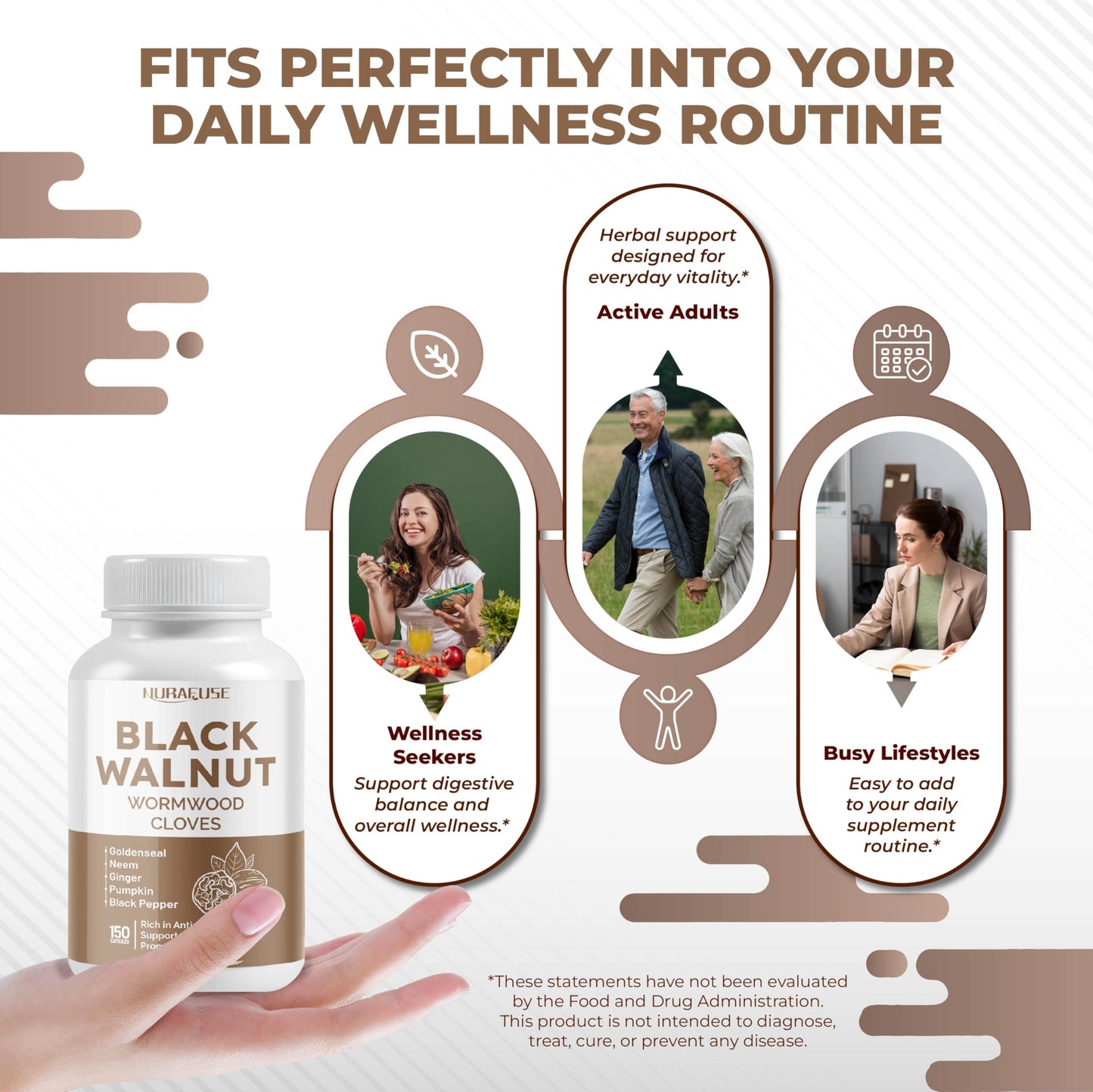 NURAFUSE Black Walnut Wormwood Whole Cloves Goldenseal Capsule 150 Count