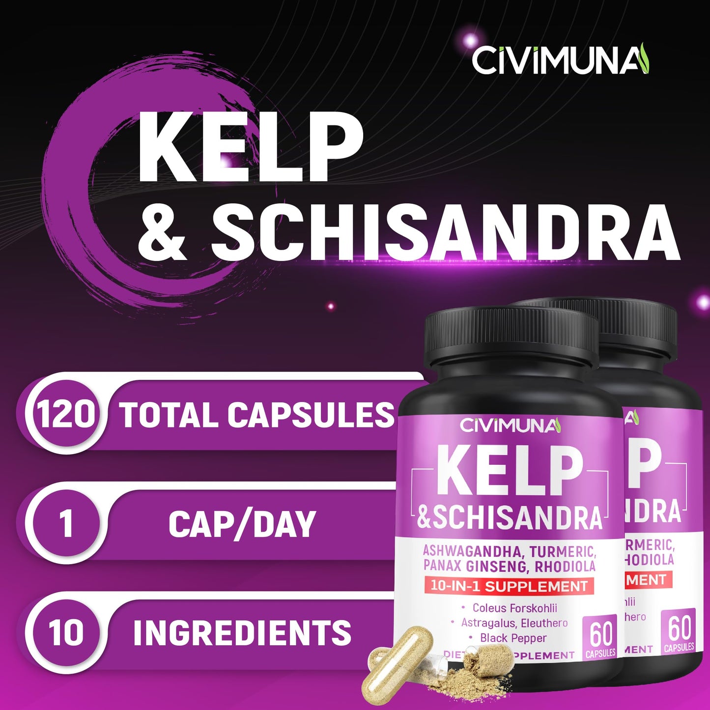 CIVIMUNA Kelp Capsules with Kelp, Schisandra, Ashwagandha and More 120 Capsules