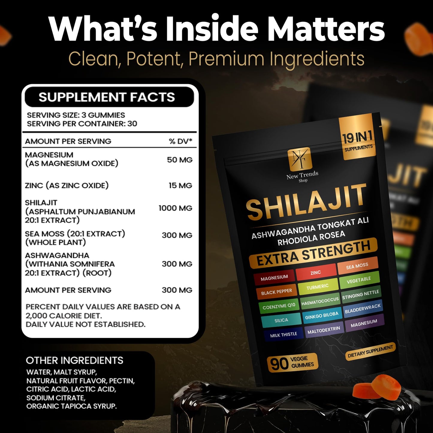 New Trends Shop Shilajit Gummies 19 in 1 with Sea Moss, Ashwagandha, Tongkat Ali, Pure Himalayan Organic Fulvic Acid - 90 Count