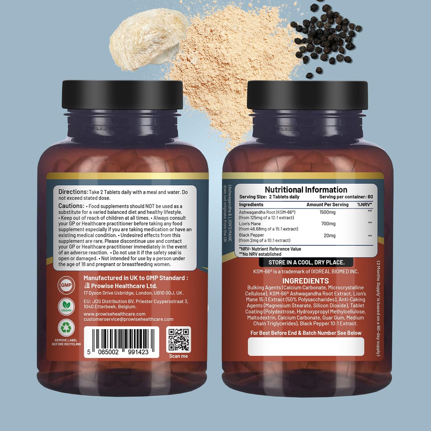 PH PROWISE Healthcare KSM-66 Ashwagandha and Lions Mane Tablets, 120 Tablets