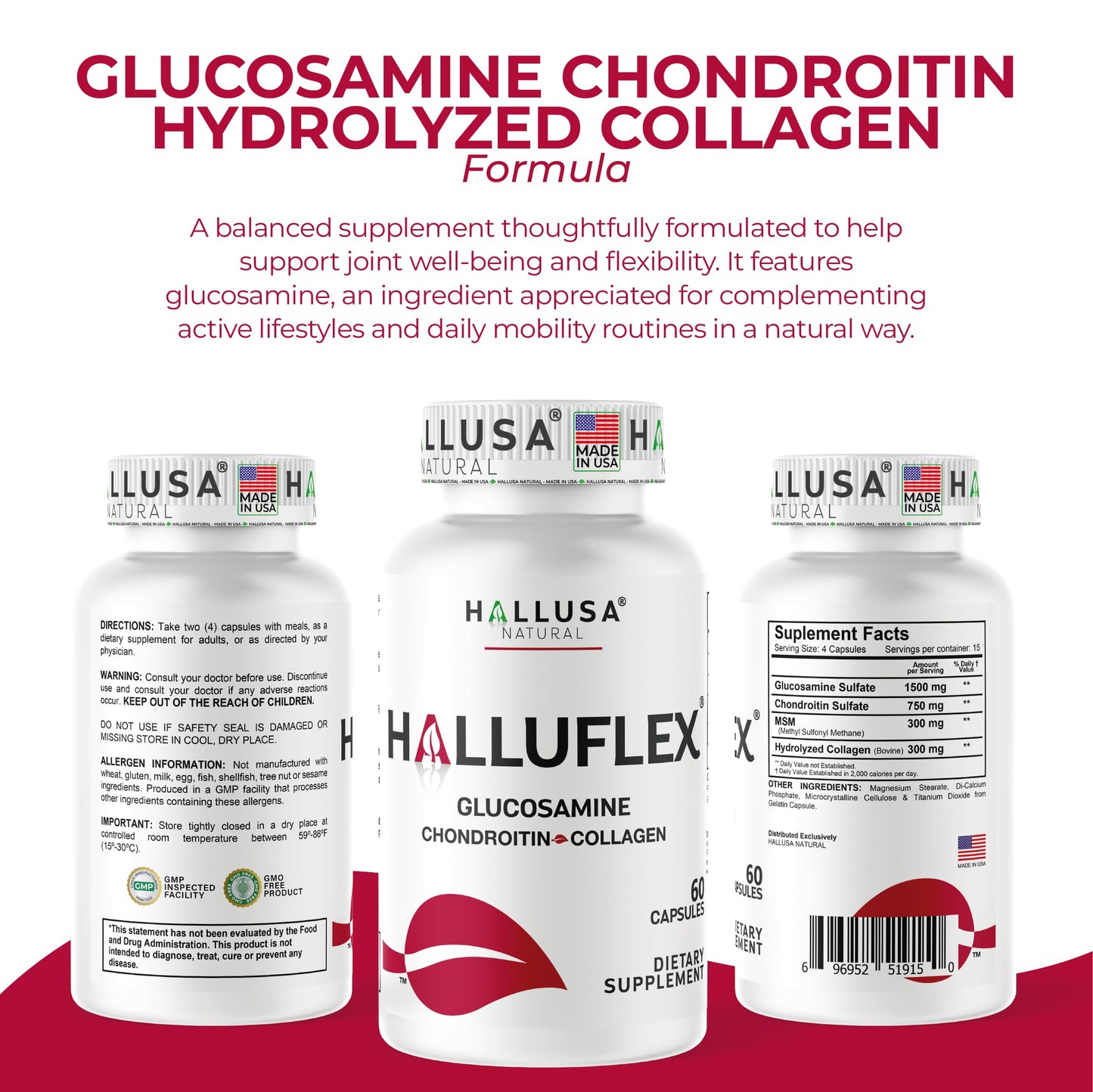 Hallusa Natural Halluflex 2850mg Glucosamine Chondroitin, MSM & Hydrolyzed Collagen Joint Support Capsule, 300 Capsules