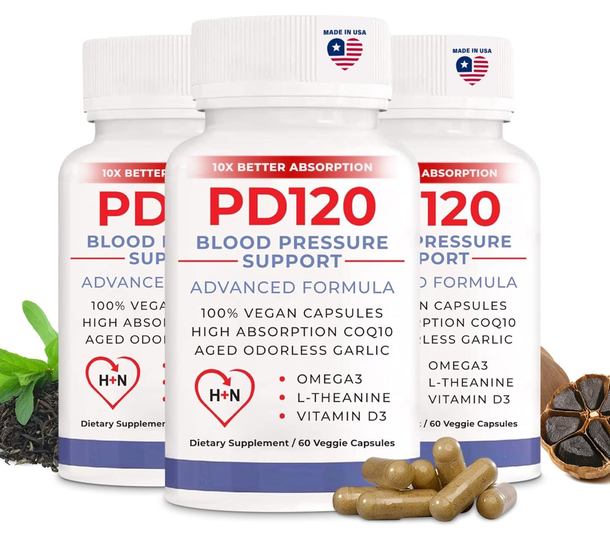 PD120 Natural Blood Pressure Support Supplement: 8-in-1 Formula With Black Odorless Garlic, High-absorption CoQ10, 180 Capsules
