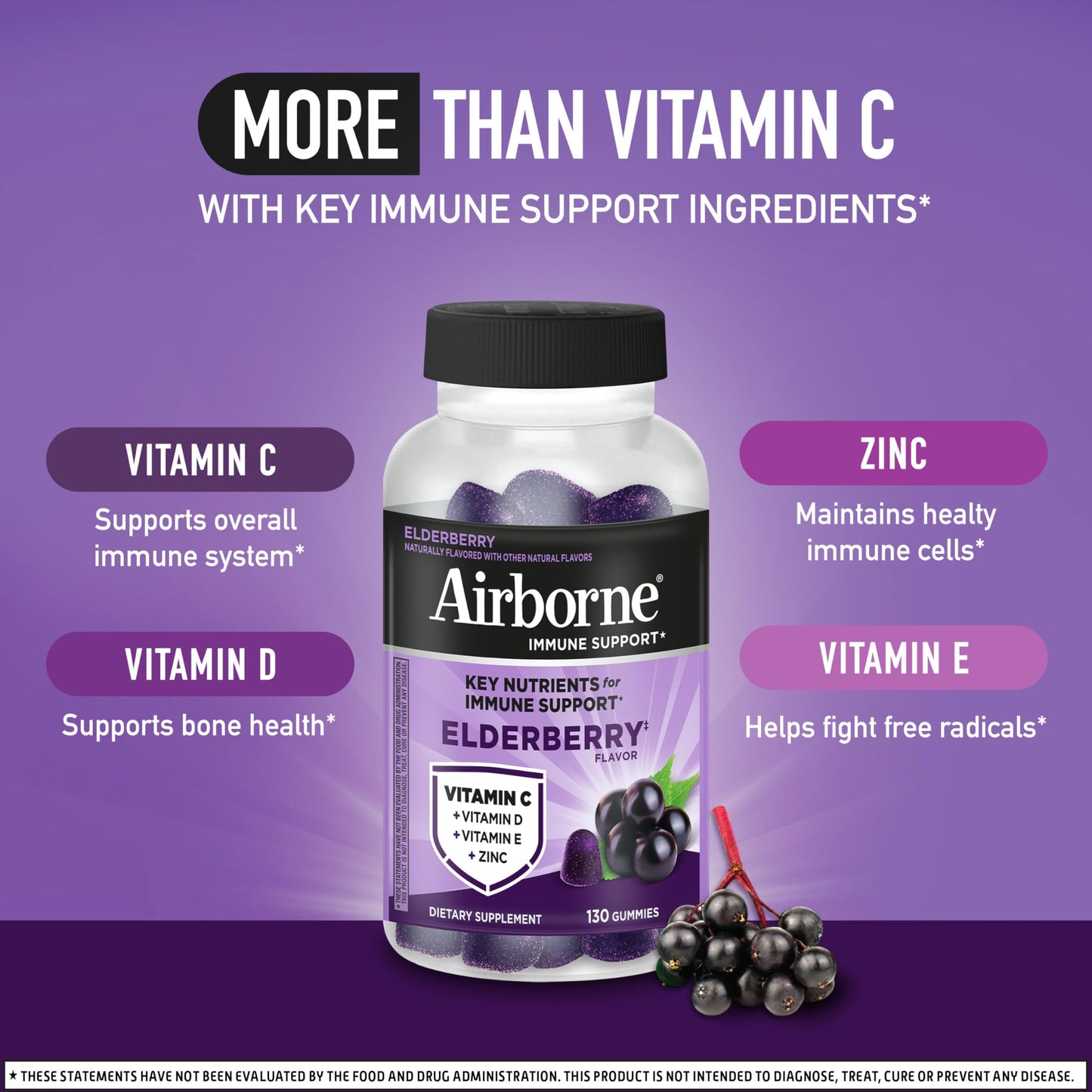 Airborne Elderberry + Zinc & Vitamin C Gummies for Adults Immune Support 130 Gummies