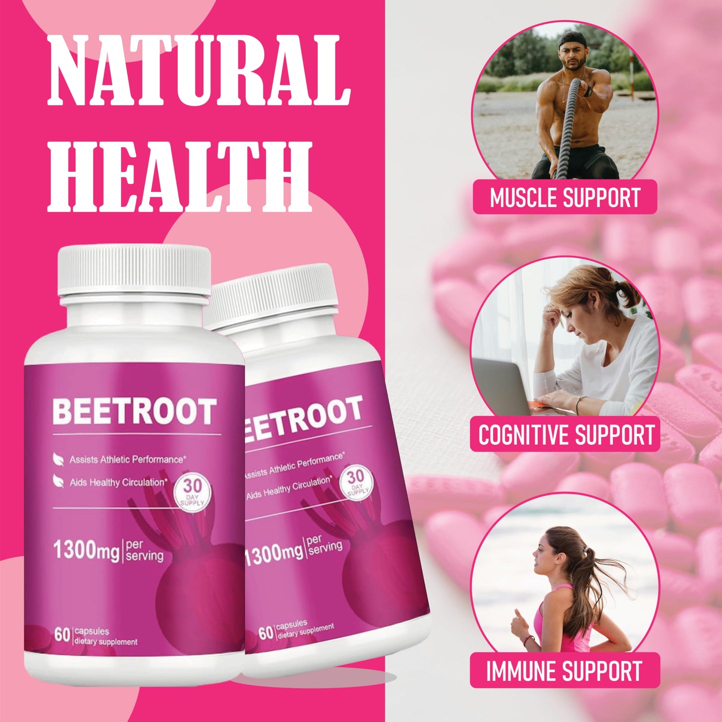 LIMYGOO Beet Root Capsules 1300mg Beetroot Powder for Natural Energy & Endurance Support, Non-GMO, 60 Capsules